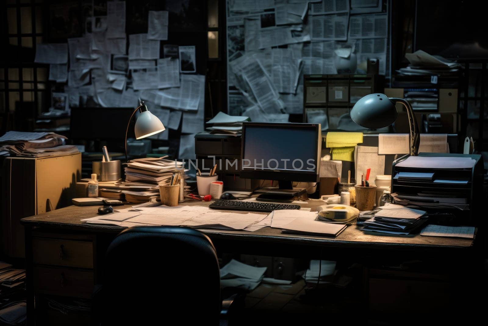 Picture of a dim workplace Filled with many documents Office after employees get off work by Generated AI.