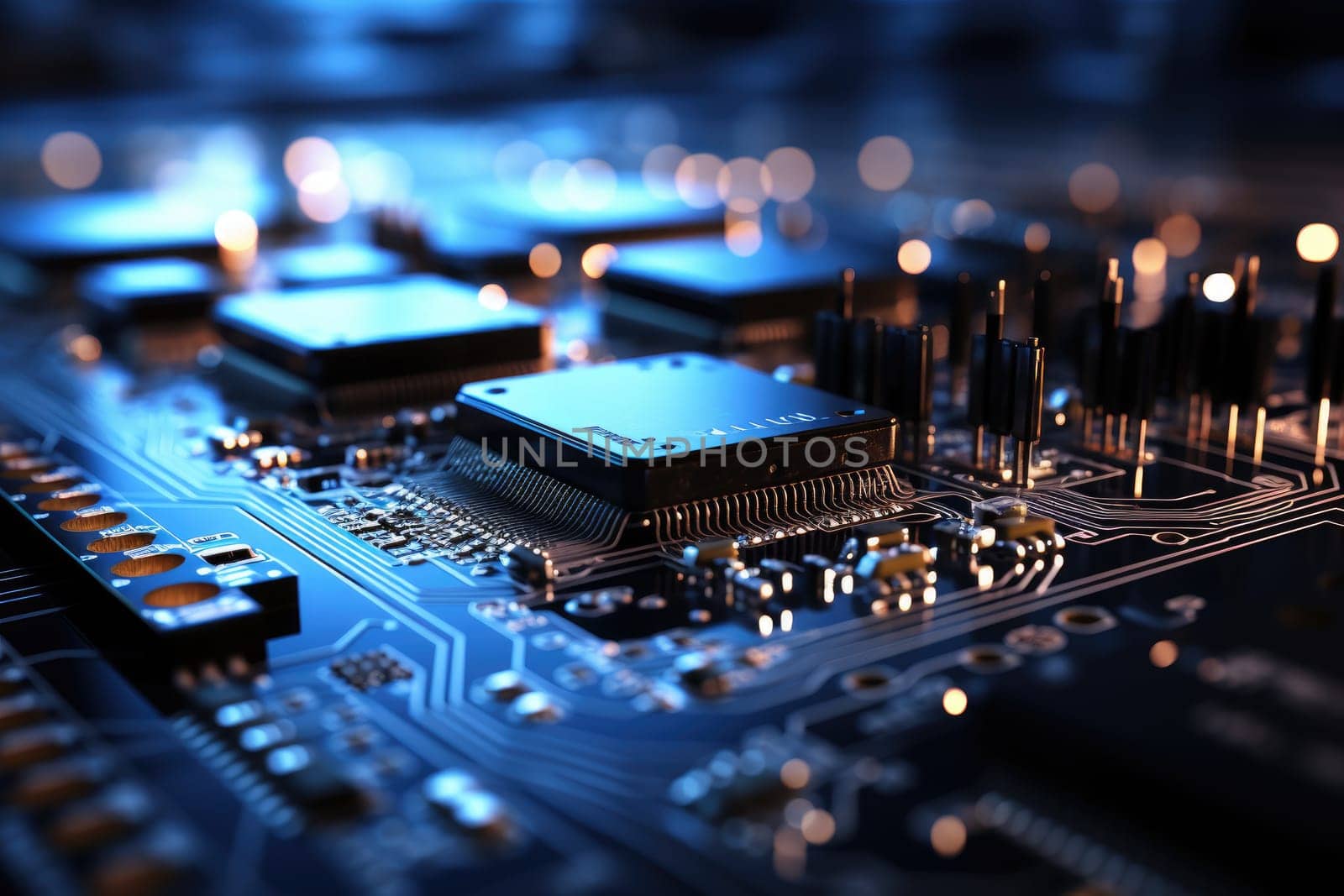 Computer technology image with circuit board background, ideal for various topics related to computers and AI by generated AI.
