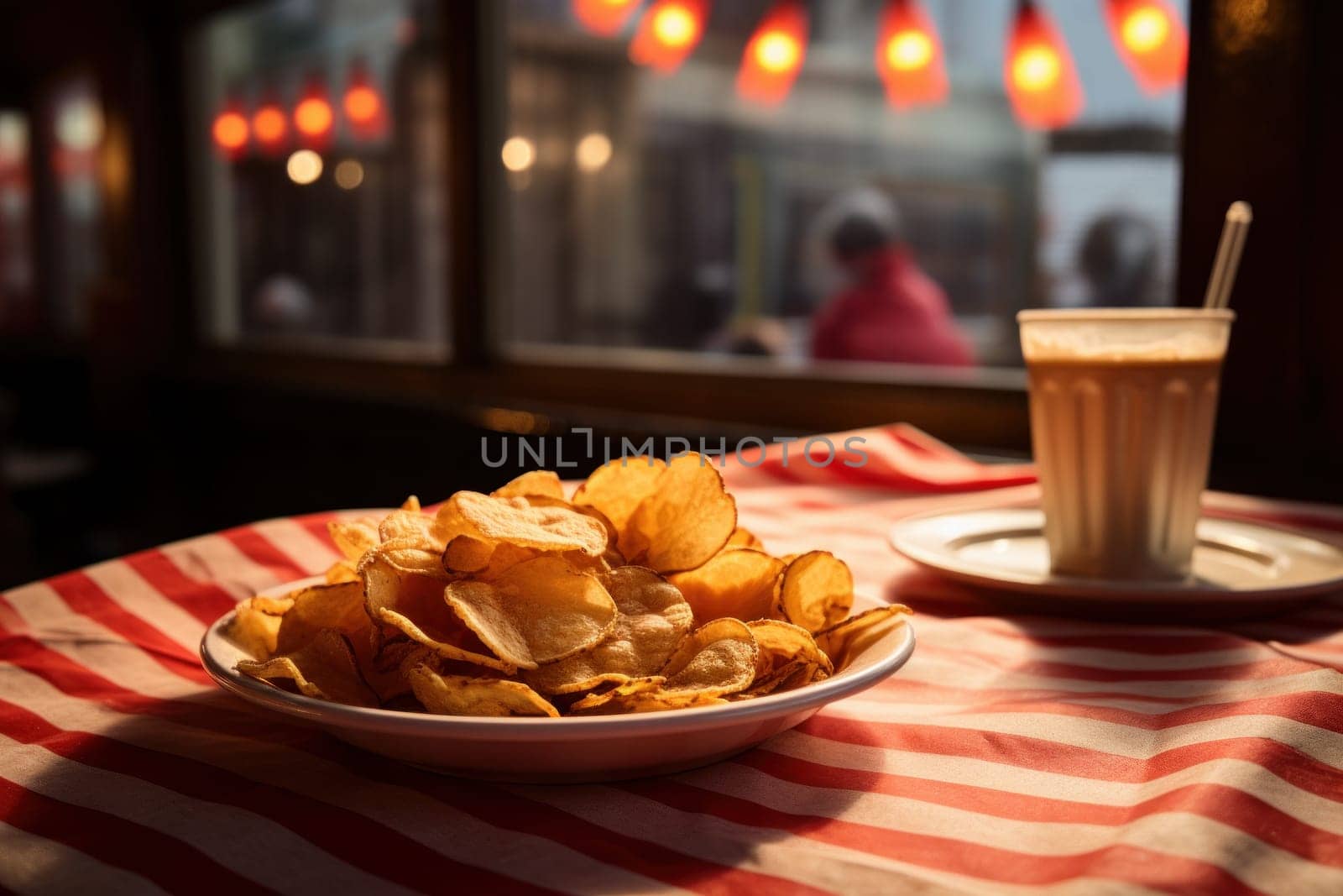 Delicious Potato Chips on a Dining Table with Dinnerware, Plate, and Milkshake. Generative AI
