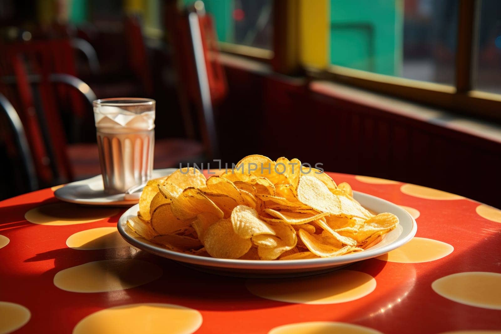 Delicious Potato Chips on a Dining Table with Dinnerware, Plate, and Milkshake. Generative AI