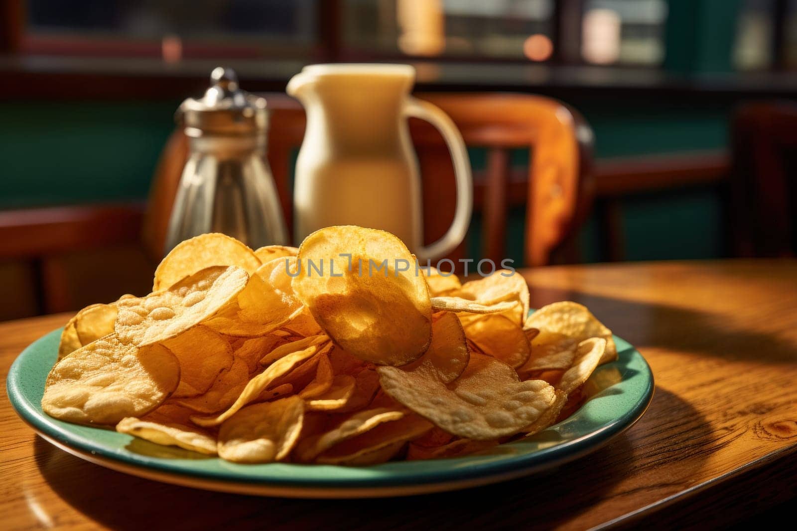 Delicious fast food Potato Chips on dining table with dish, drink, and plate. by Suteren