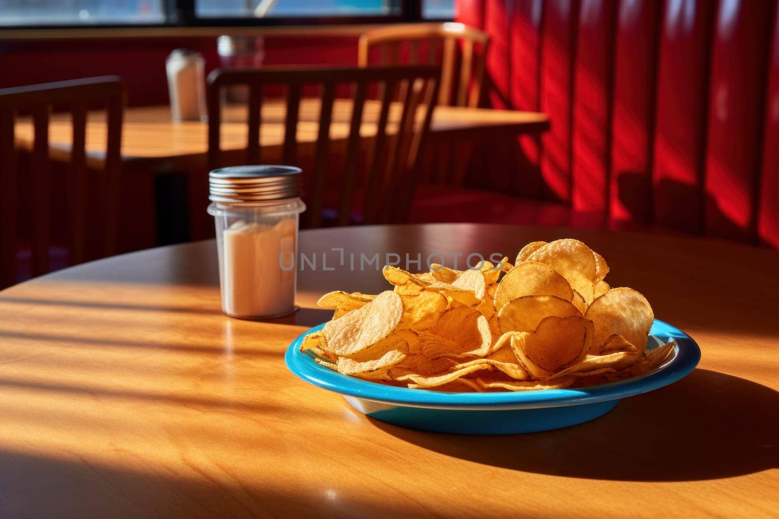 Delicious fast food Potato Chips on dining table with dish, drink, and plate. by Suteren