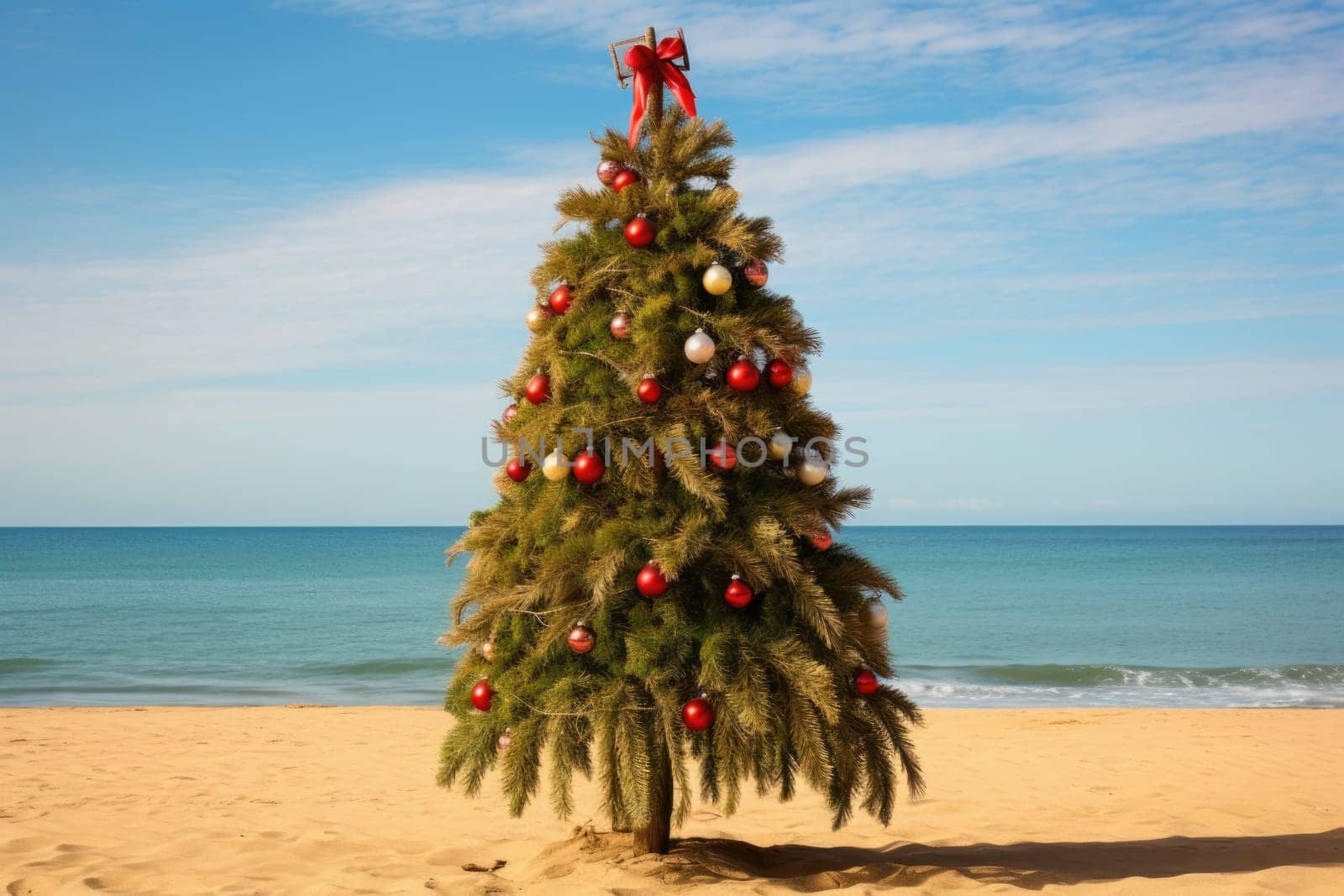 Celebrating christmas and new year in hot countries. Christmas tree with lights on the beach. AI Generated