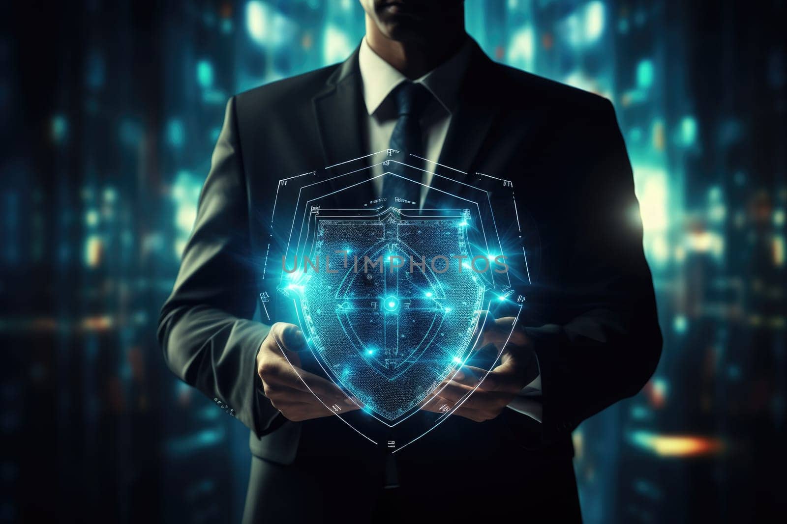 Cyber security safe data protection business technology privacy concept. Businessman holding shield protect security icon security on the virtual display.Information security system.