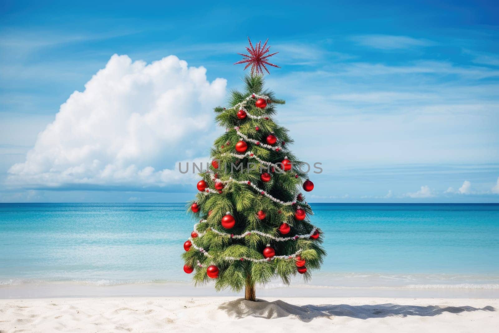 Celebrating christmas and new year in hot countries. Christmas tree with lights on the beach. AI Generated