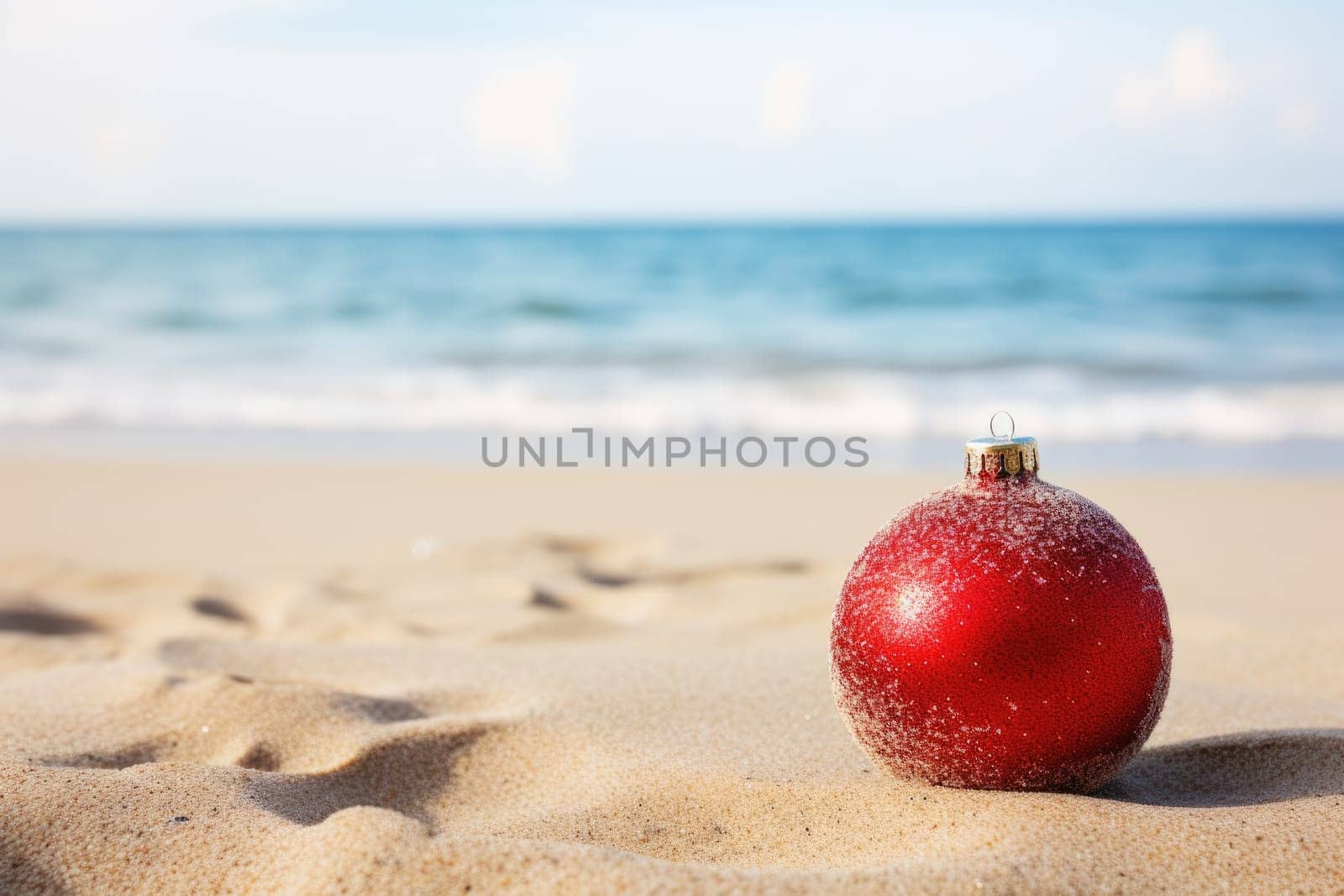 Red fir tree decoration ball on sandy beach, Tropical christmas and New Year celebration. AI Generated