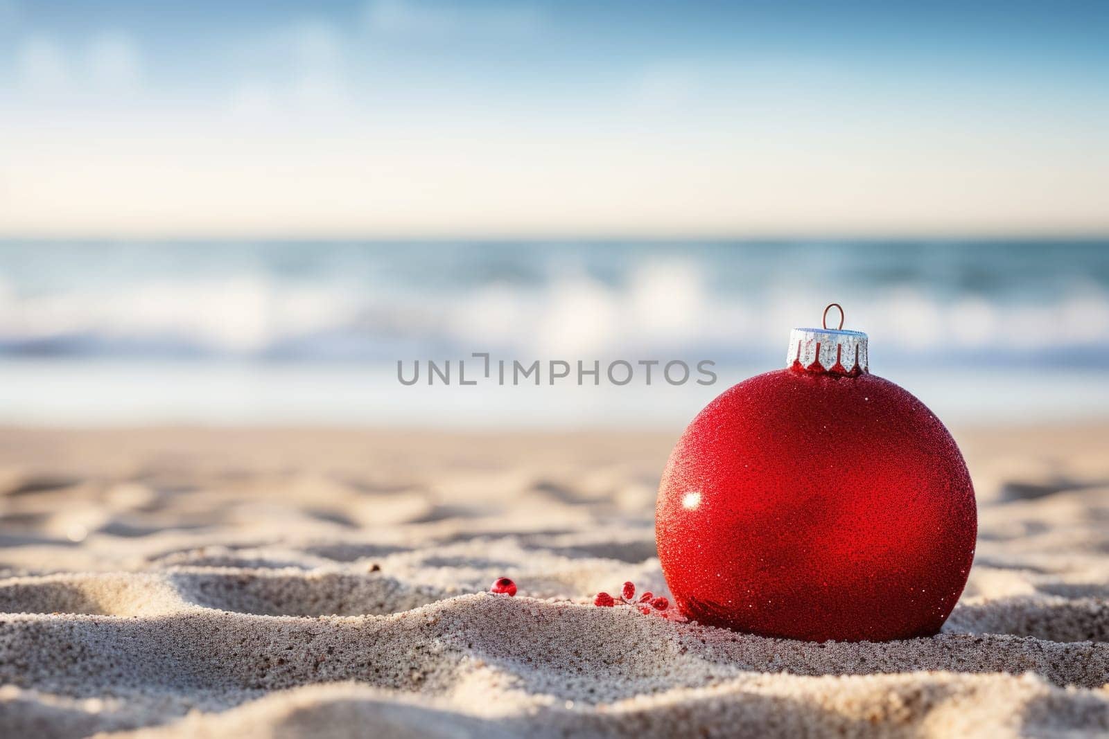 Red fir tree decoration ball on sandy beach, Tropical christmas and New Year celebration. AI Generated