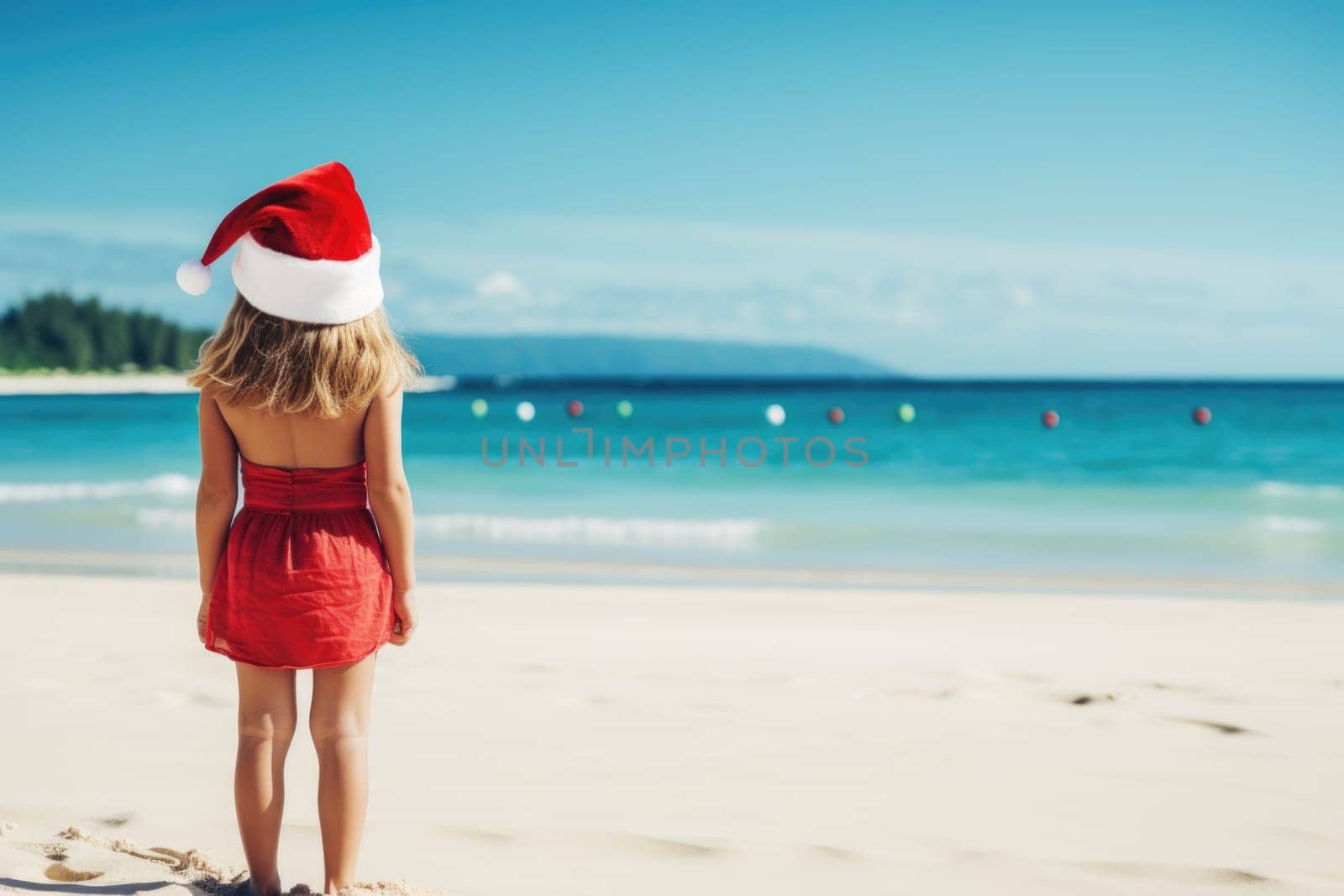 rear view of adorable little girl in Santa hat on tropical beach. AI Generated by Desperada