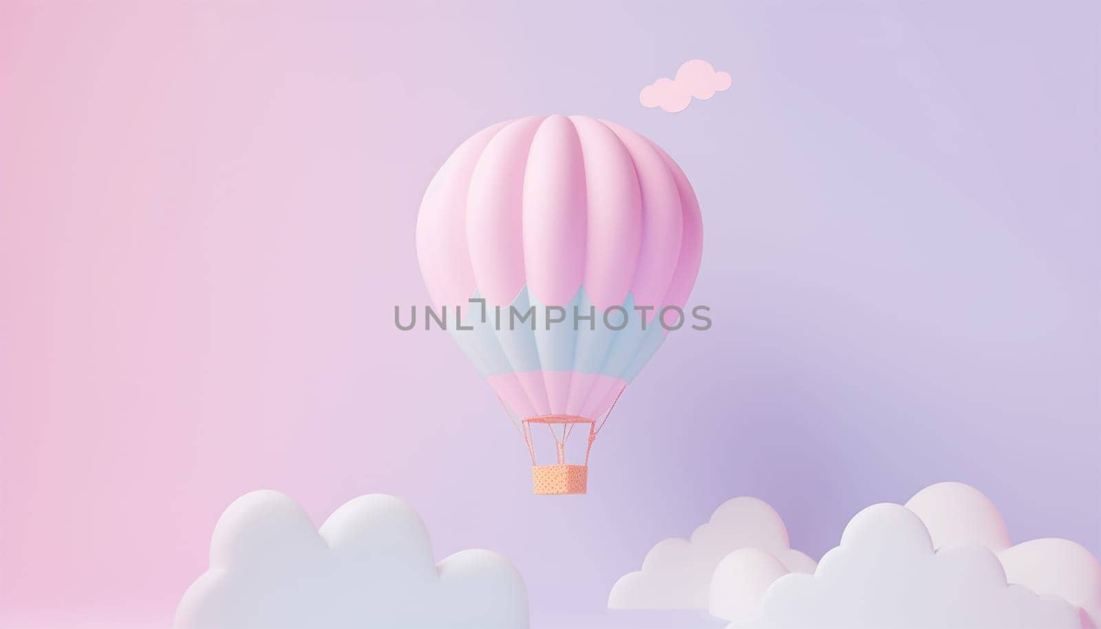 Cute pastel hot air balloon flying in the air. Design illustration of scene with hot air balloons float up in the sky on 3D paper art style. Hot air balloon float up in the sky. pastel paper cut and craft style., illustration. Pink,purple and blue color Copy space Space for text