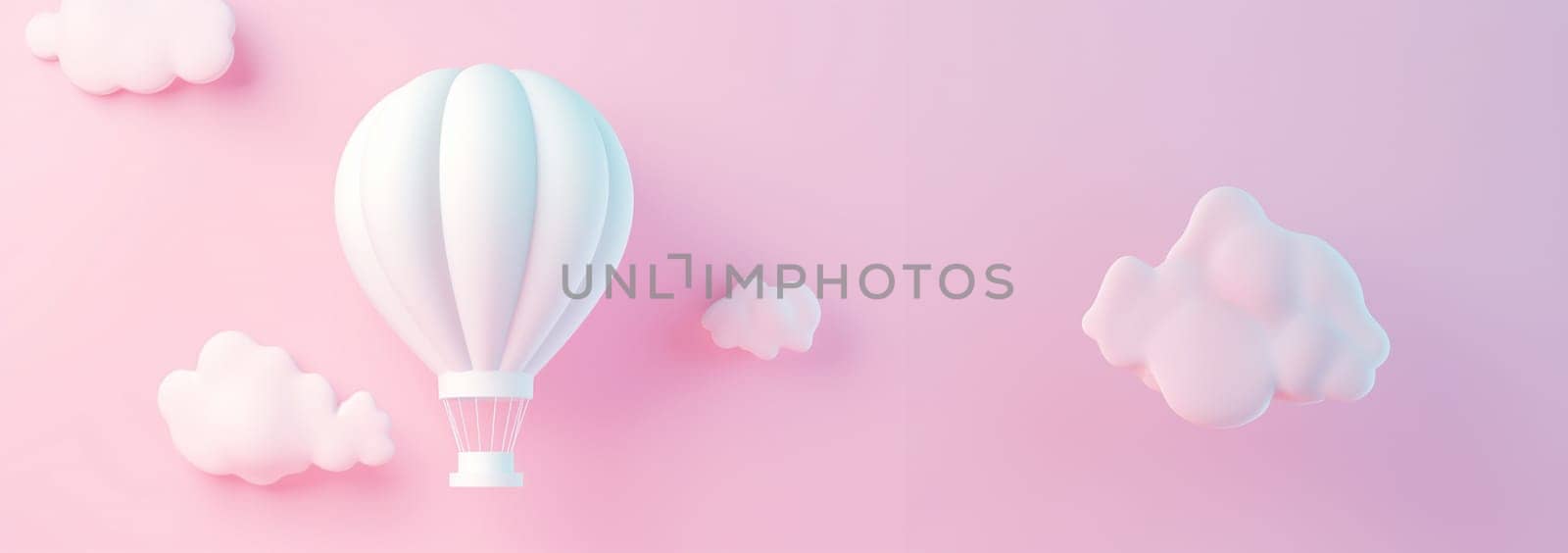 Banner Cute pastel hot air balloon flying in the air. Design illustration of scene with hot air balloons float up in the sky on 3D paper art style. Hot air balloon float up in the sky. pastel paper cut and craft style illustration. Pink,purple and blue color Copy space by Annebel146