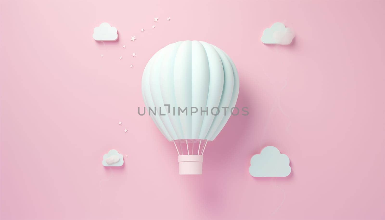 Cute pastel hot air balloon flying in the air. Design illustration of scene with hot air balloons float up in the sky on 3D paper art style. Hot air balloon float up in the sky. pastel paper cut and craft style., illustration. Pink,purple and blue color Copy space by Annebel146