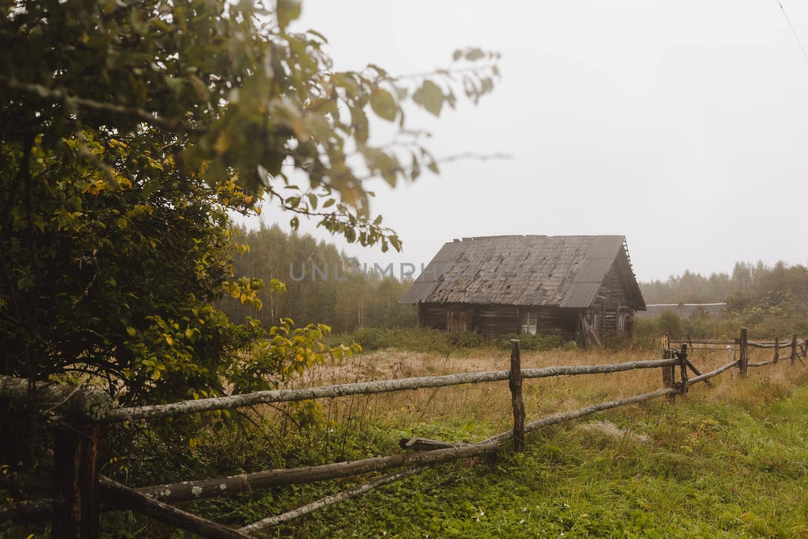 Wooden house or wooden hut. picturesque rural nature in countryside in autumn