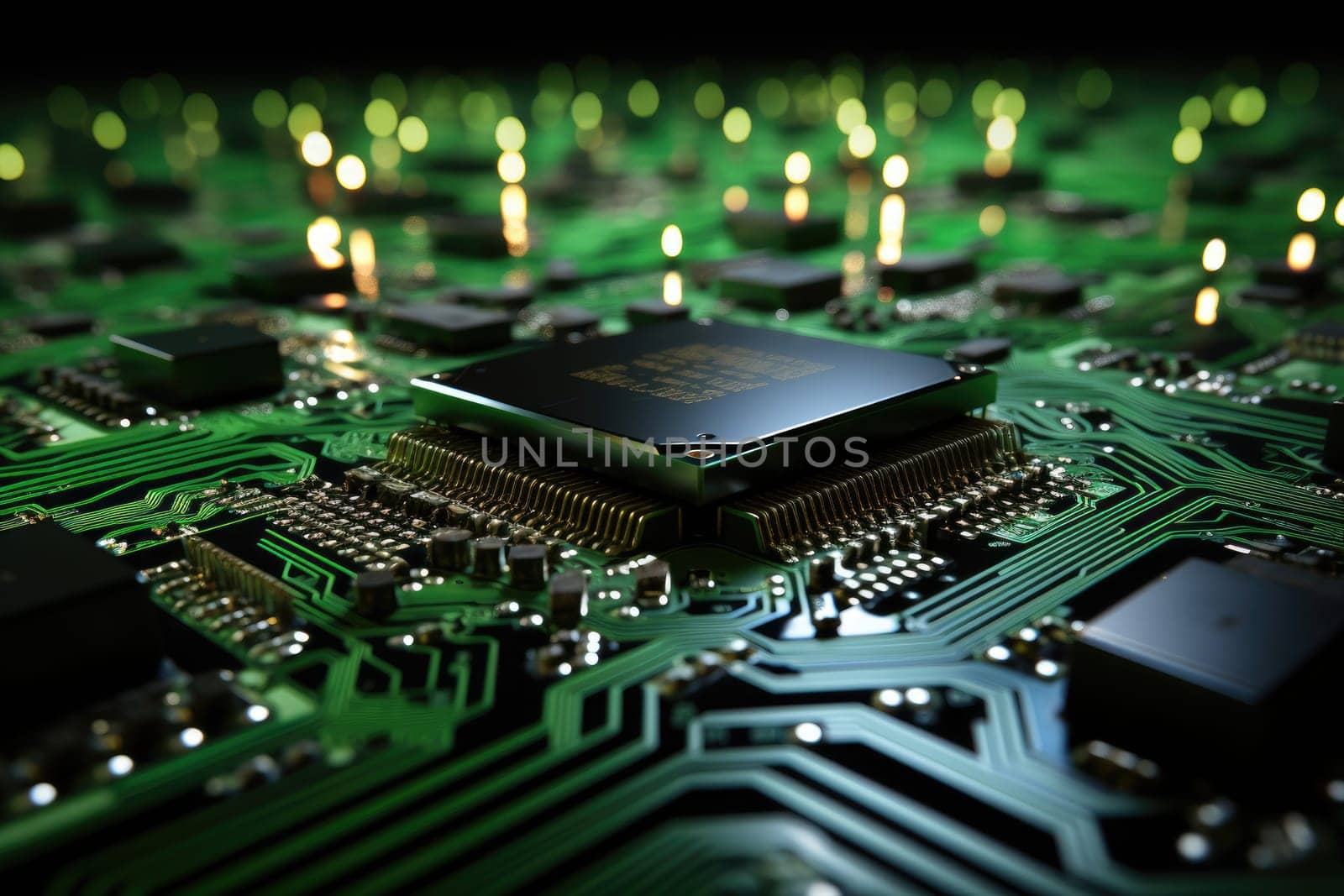 Computer technology image with circuit board background, ideal for various topics related to computers and AI by generated AI.