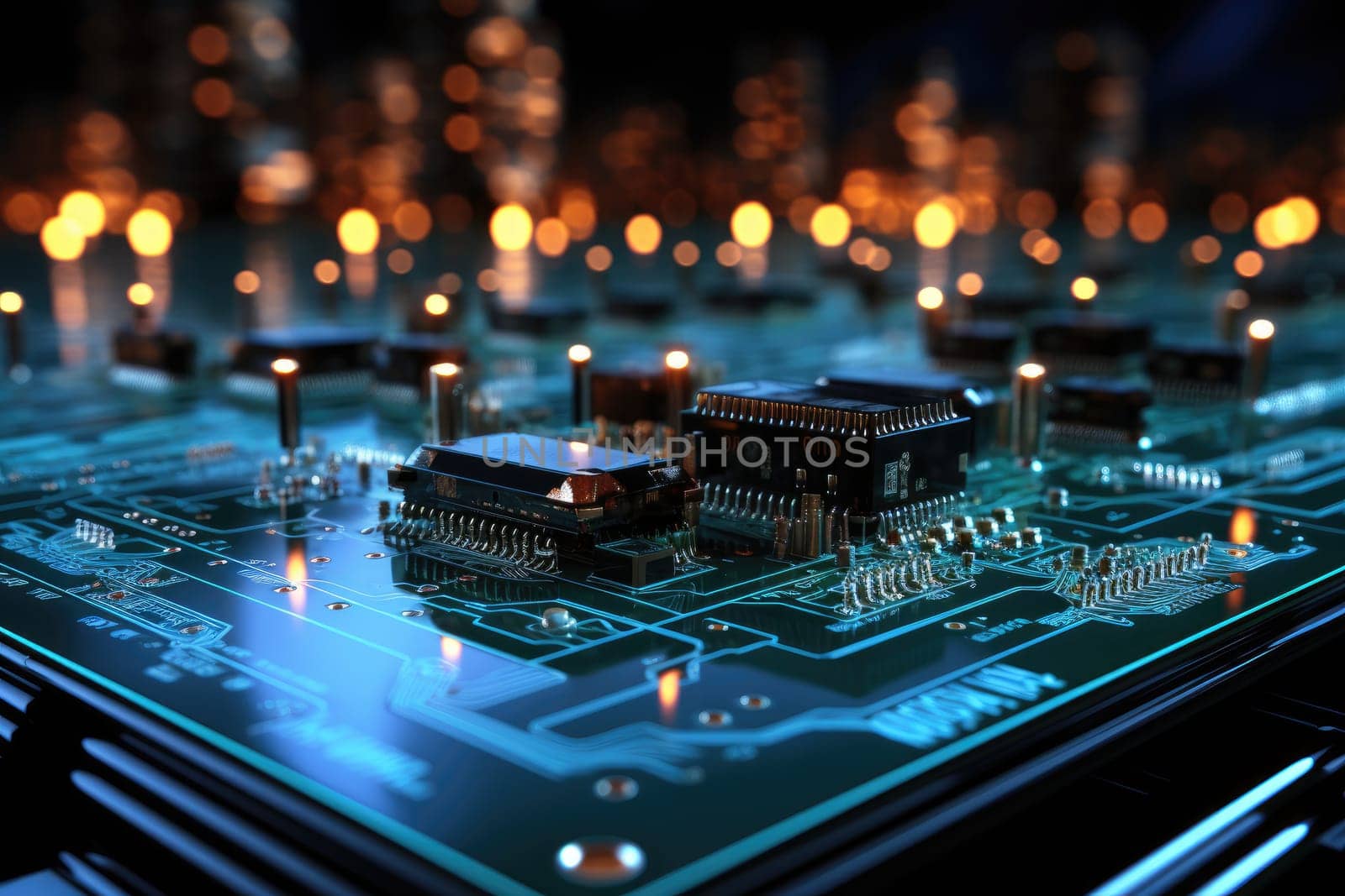Computer technology image with circuit board background, ideal for various topics related to computers and AI by generated AI by wichayada