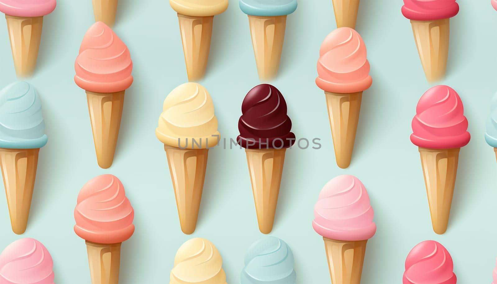 Ice cream cones pastel colored. Summer seamless pattern with hand drawn ice cream. Modern summer pastel blue texture for fabric, textile, wallpaper. Cute illustration colorful