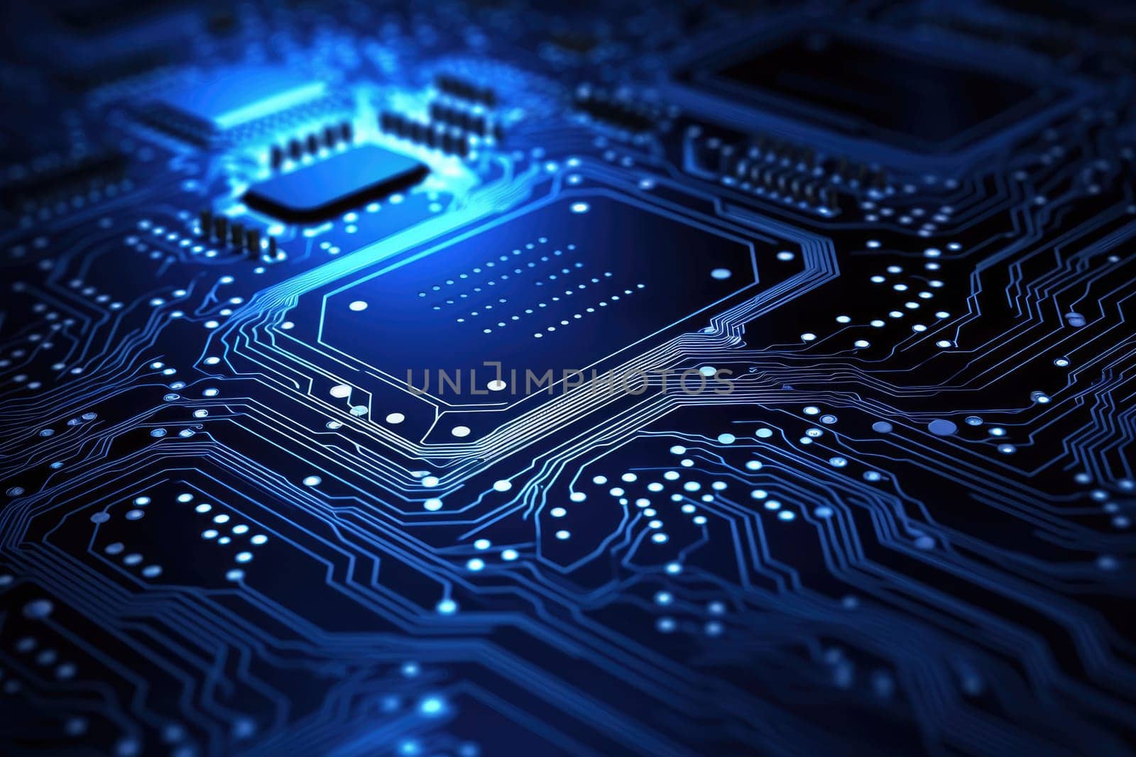 Computer technology image with circuit board background, ideal for various topics related to computers and AI by generated AI.