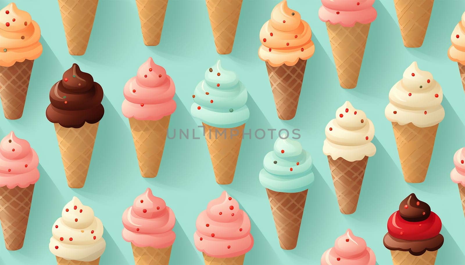 Ice cream cones pastel colored. Summer seamless pattern with hand drawn ice cream. Modern summer pastel blue texture for fabric, textile, wallpaper. Cute illustration by Annebel146