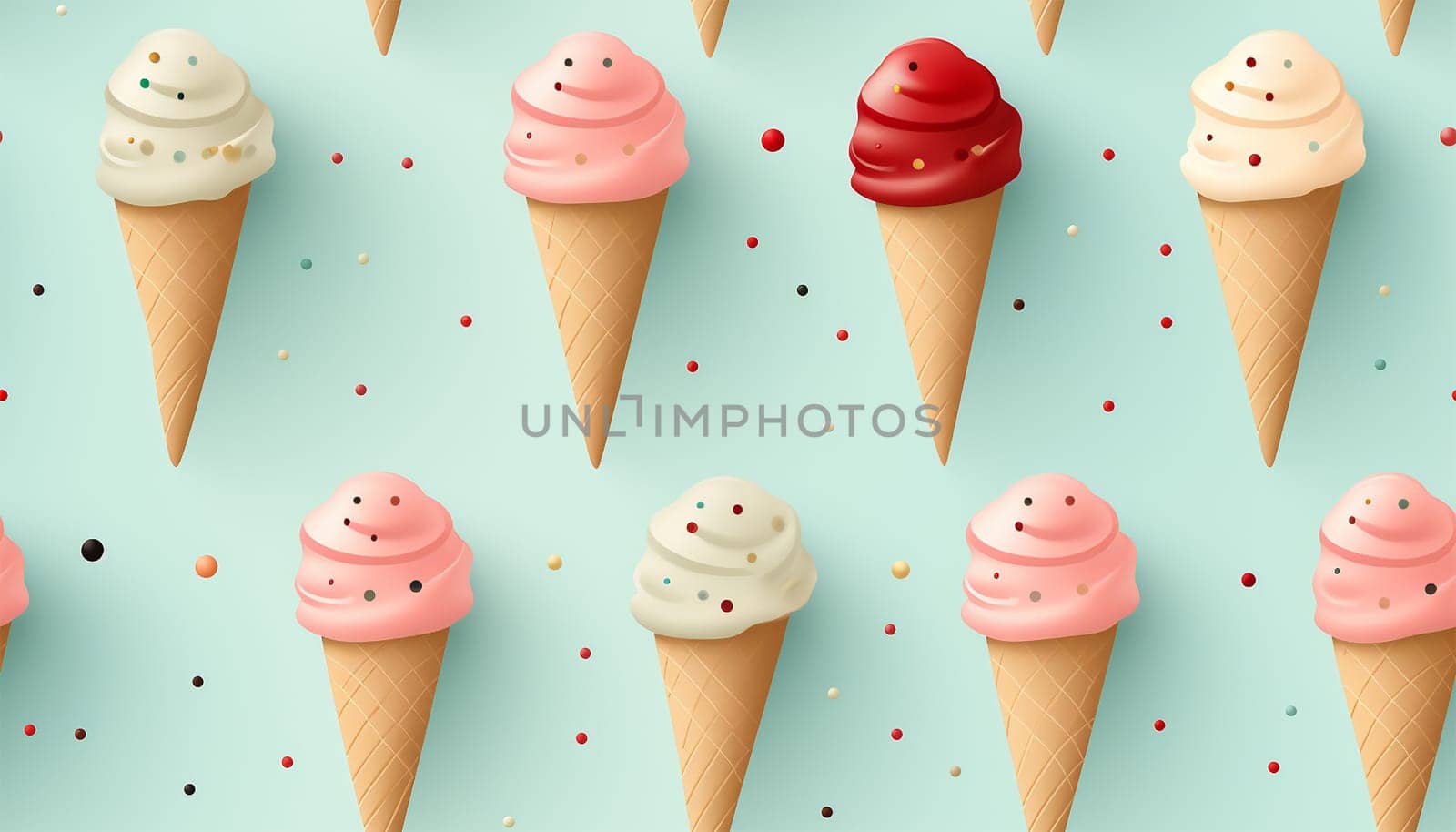 Ice cream cones pastel colored. Summer seamless pattern with hand drawn ice cream. Modern summer pastel blue texture for fabric, textile, wallpaper. Cute illustration by Annebel146
