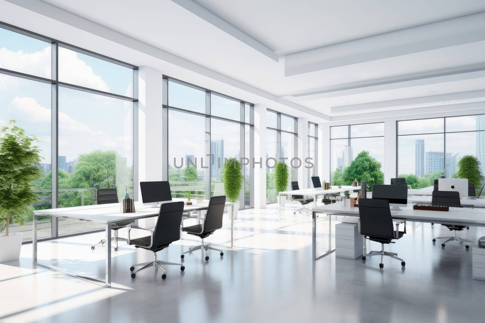 Bright and clean office environment abstract background Bright office with plants and large windows. by Generated AI by wichayada