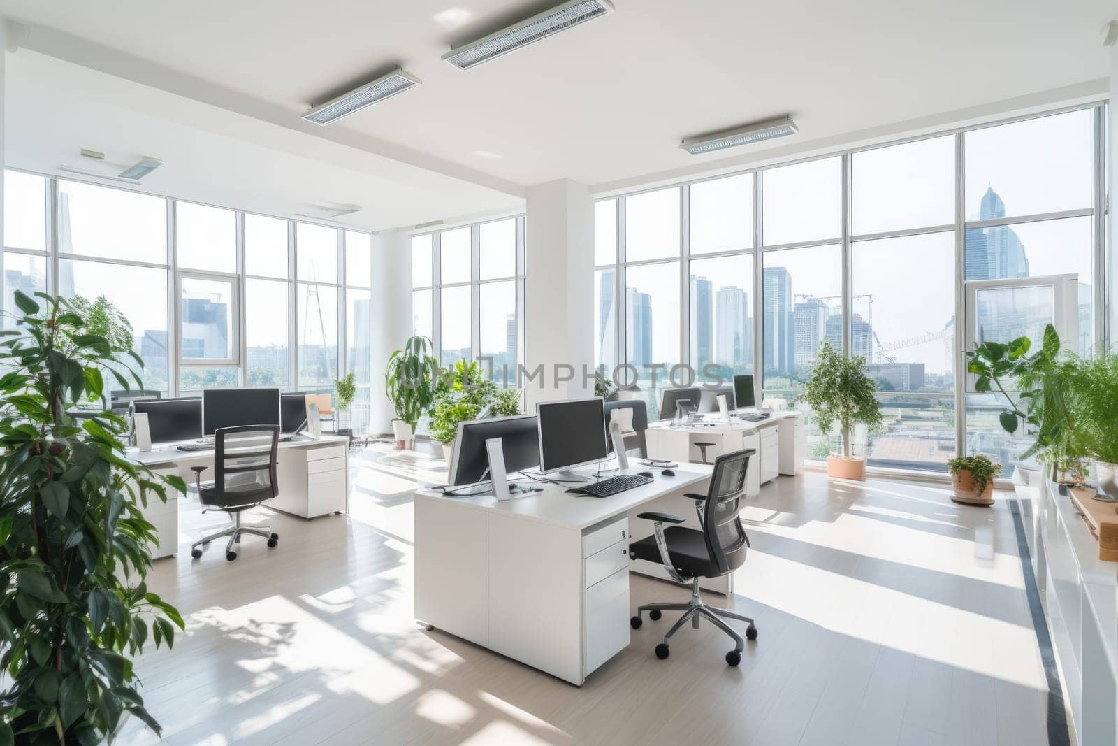 Bright and clean office environment abstract background Bright office with plants and large windows. by Generated AI.