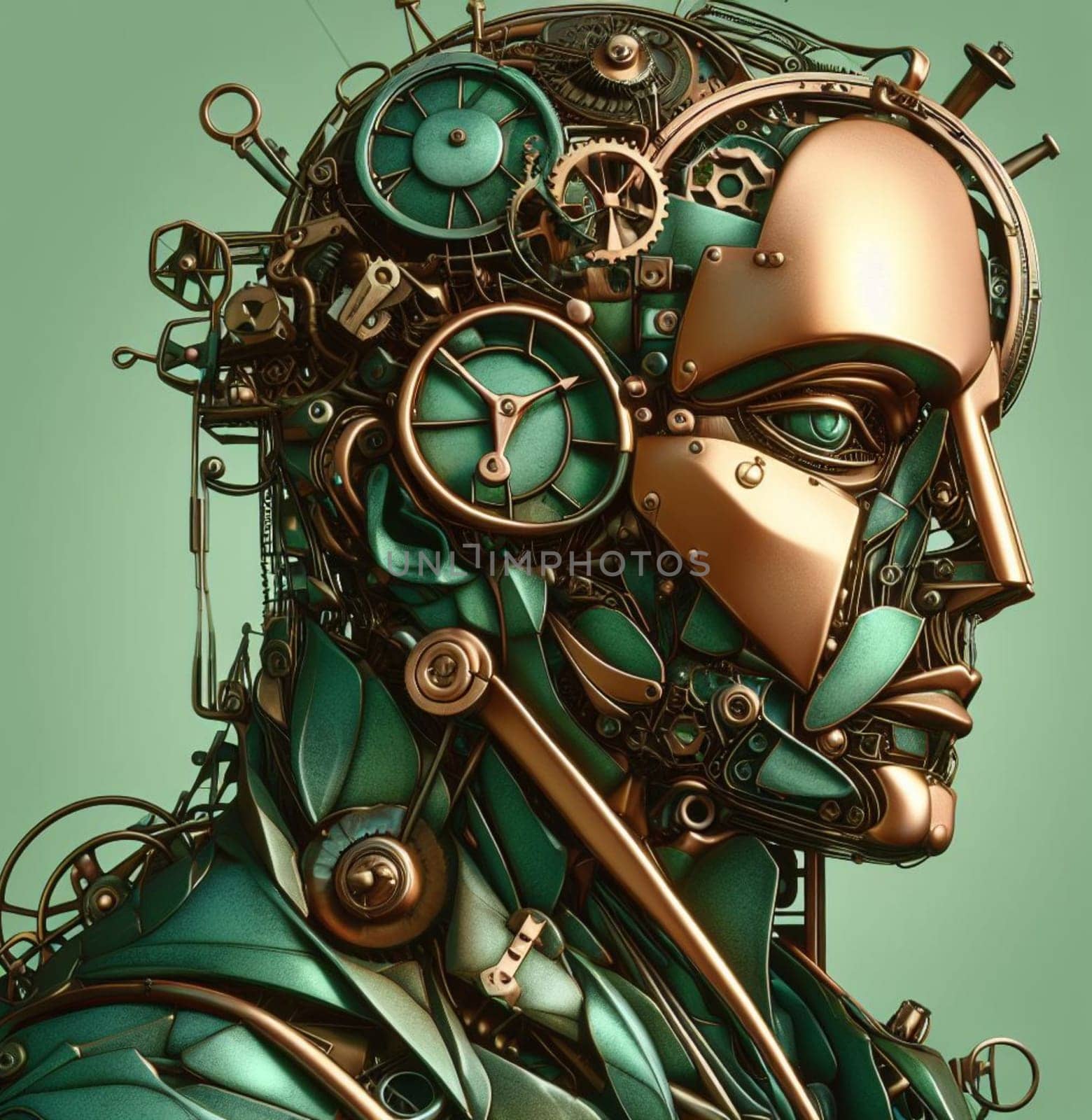 abstract illustration of passing time, patience, a human head , timeline relativity , clock mechanism by verbano