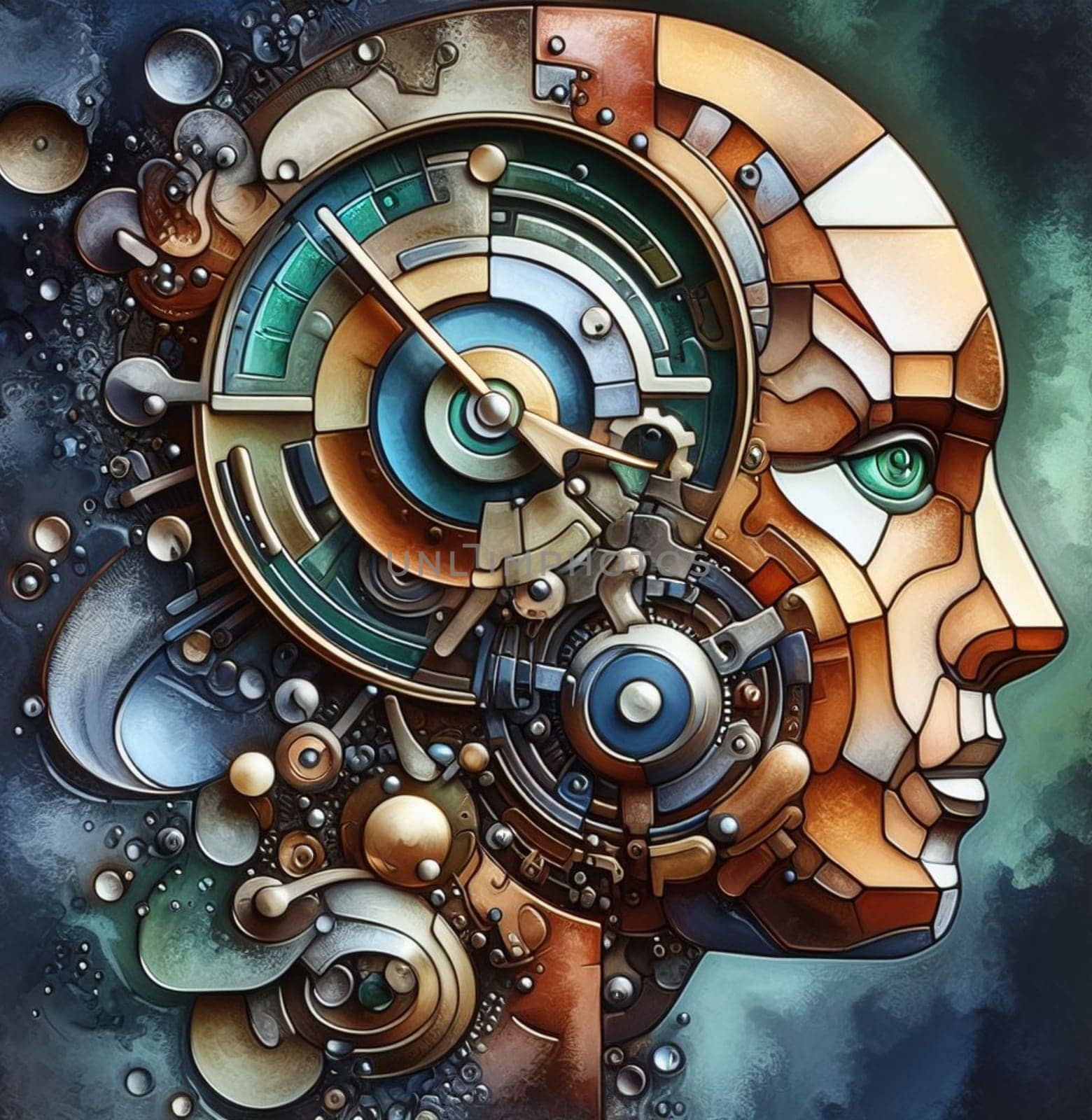 abstract illustration of passing time, patience, a human head , timeline relativity , clock mechanism ai generated
