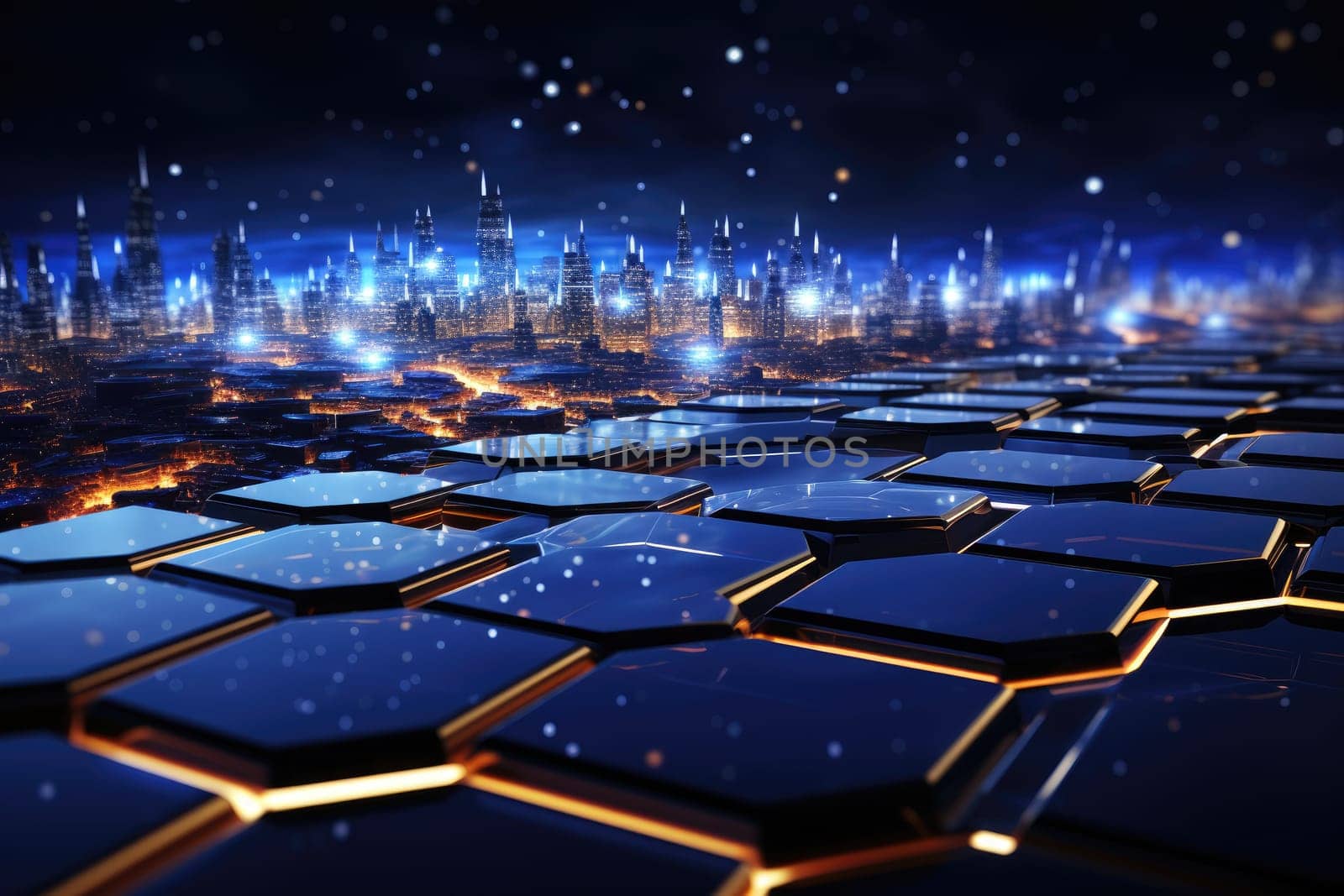 Futuristic blue hexagon background science illustration HUD components Technology concept. 3D landscape. Big data future abstract background. by wichayada