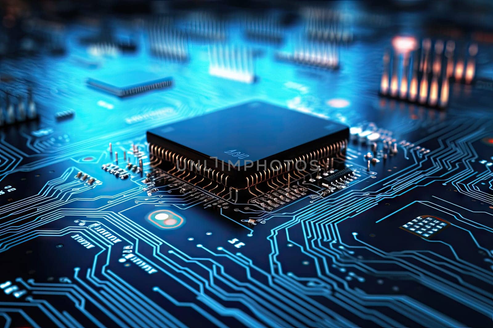 Computer technology image with circuit board background, ideal for various topics related to computers and AI by generated AI.