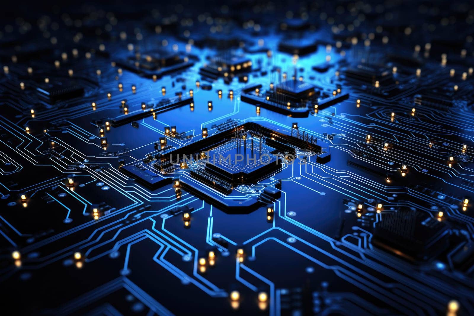 Computer technology image with circuit board background, ideal for various topics related to computers and AI by generated AI.