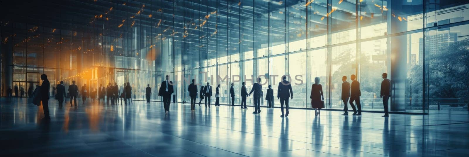 Crowd of blurred business people walking in a modern entrance by Generative AI.