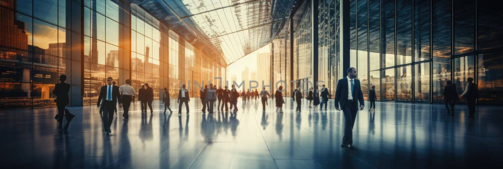 Crowd of blurred business people walking in a modern entrance by Generative AI.