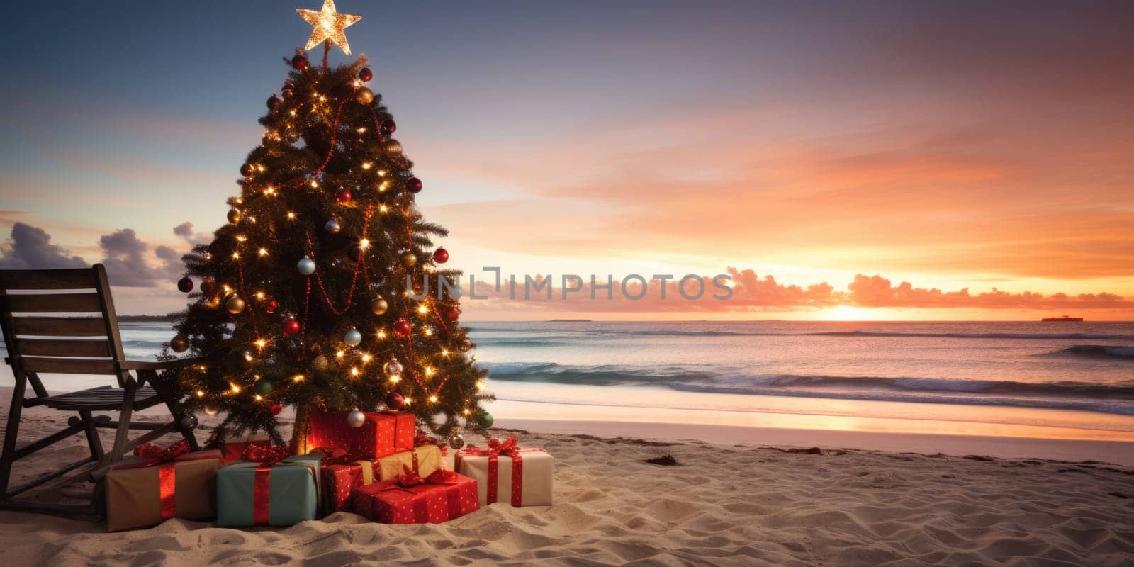 christmas dinner romantic table setting on the beach. AI Generated by Desperada