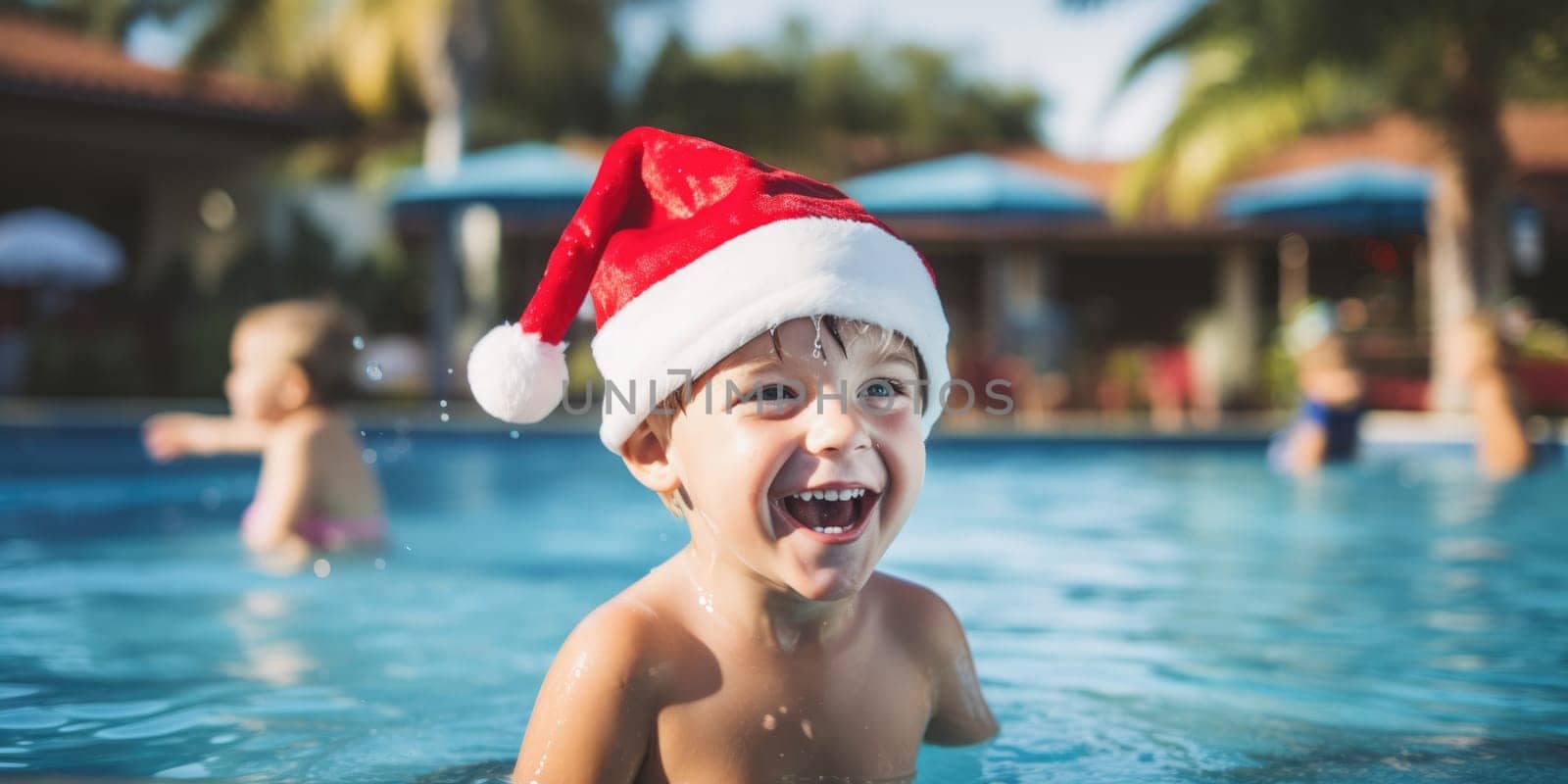 Celebrating christmas and new year in hot countries. portrait of a happy boy in santa hat celebrating christmas in pool party. AI Generated