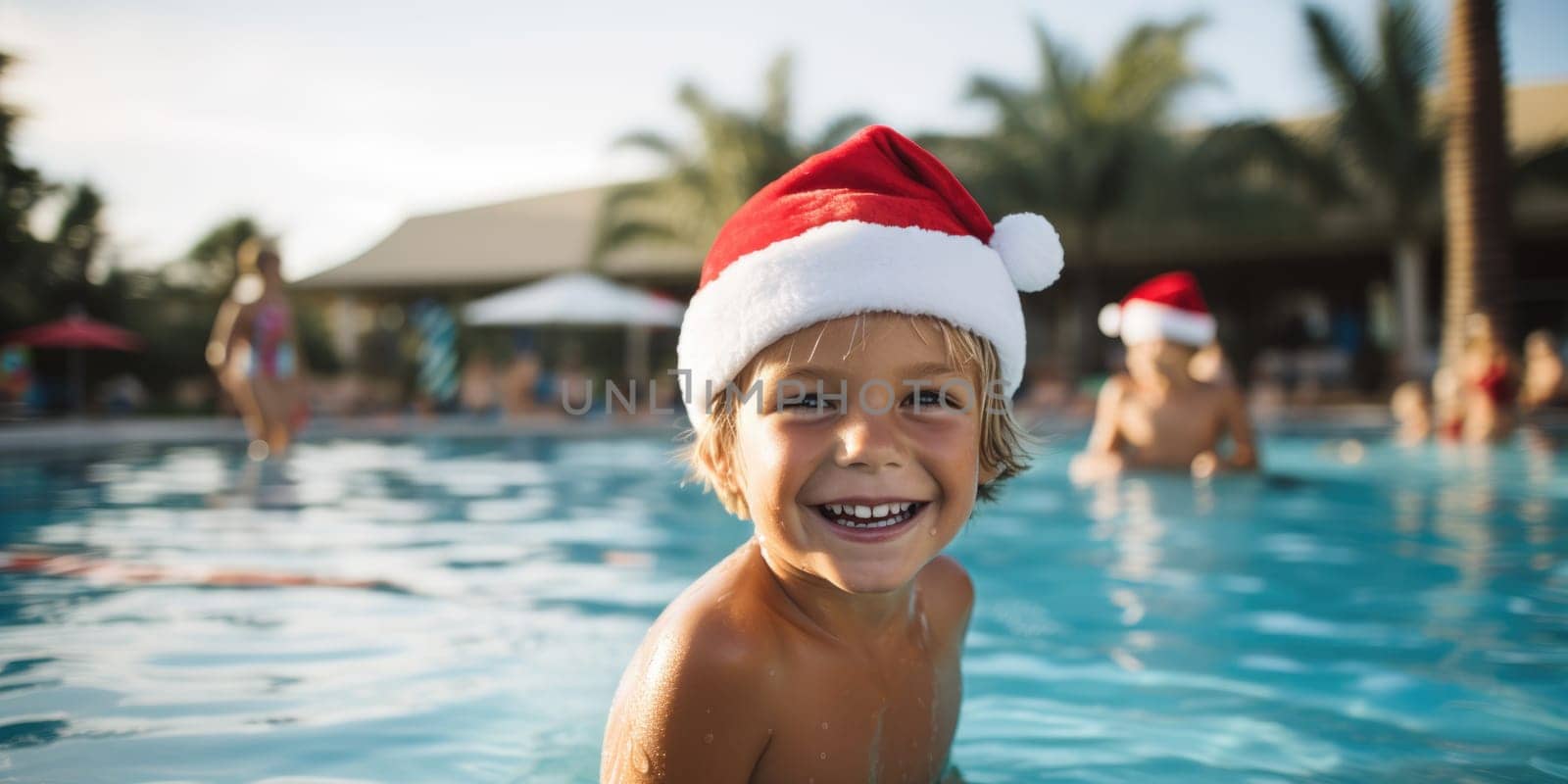 Celebrating christmas and new year in hot countries. portrait of a happy boy in santa hat celebrating christmas in pool party. AI Generated