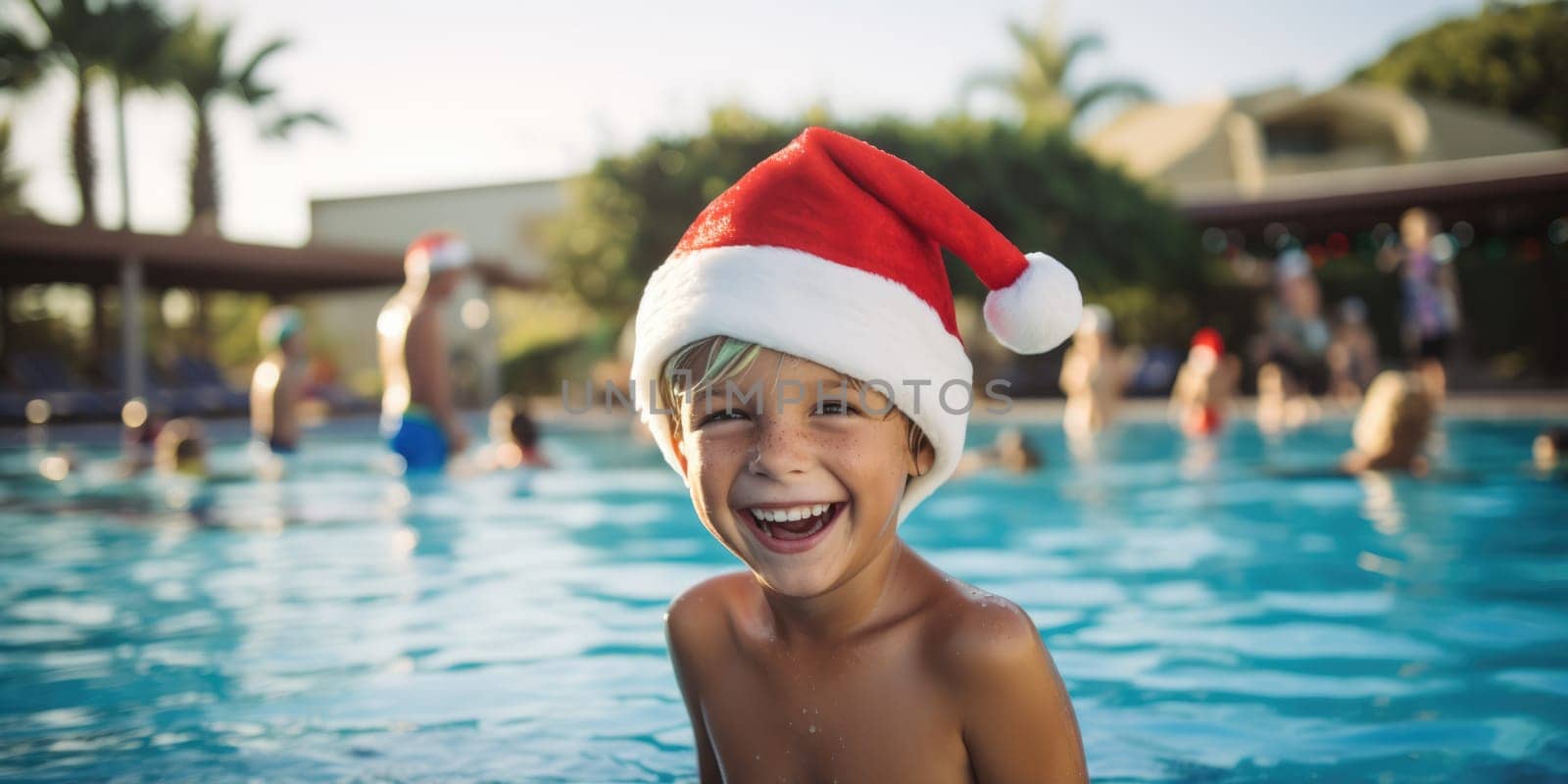 portrait of a happy boy in santa hat celebrating christmas in pool party. AI Generated by Desperada