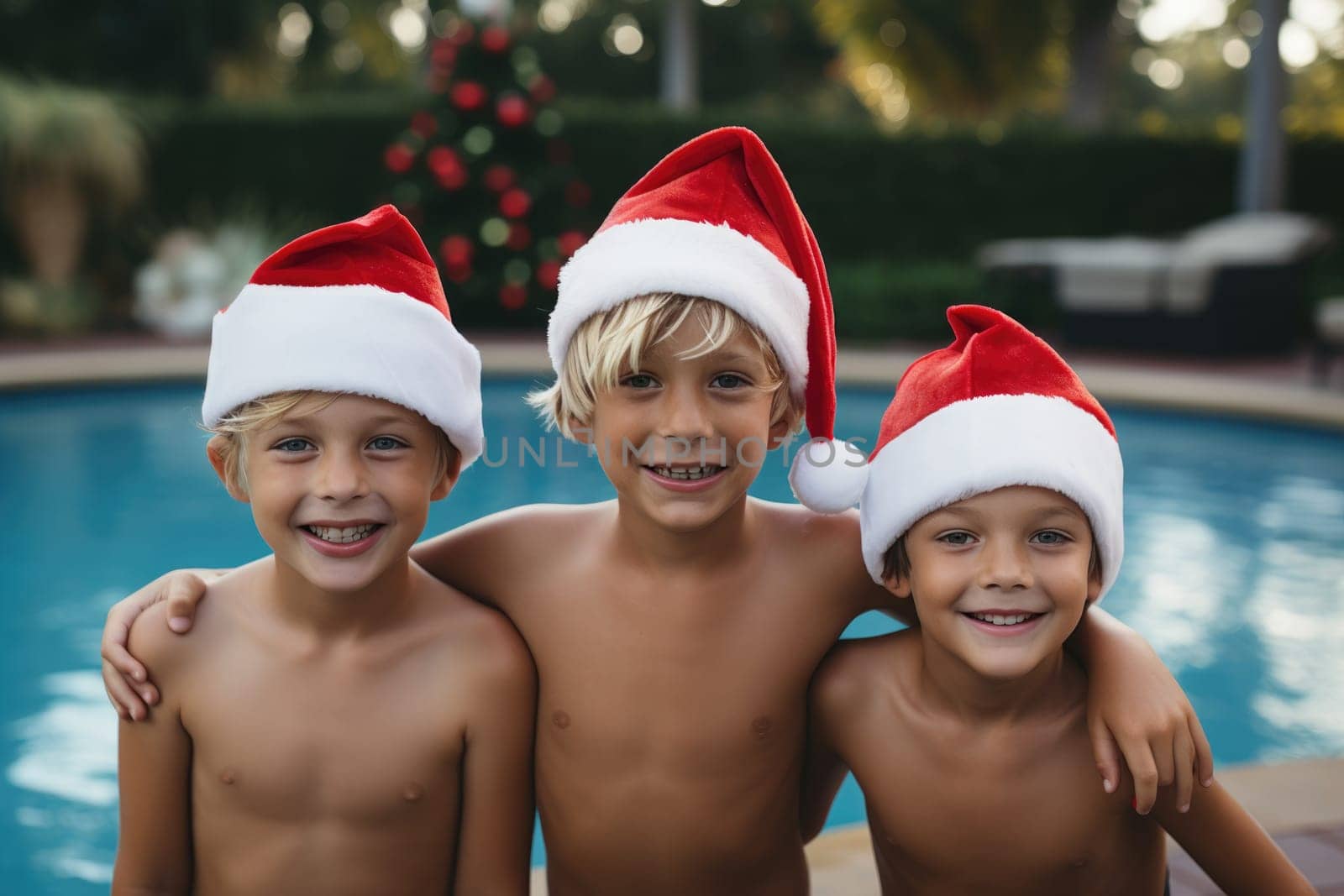 Celebrating christmas and new year in hot countries. happy group of kids in santa hat celebrating christmas in pool party. AI Generated