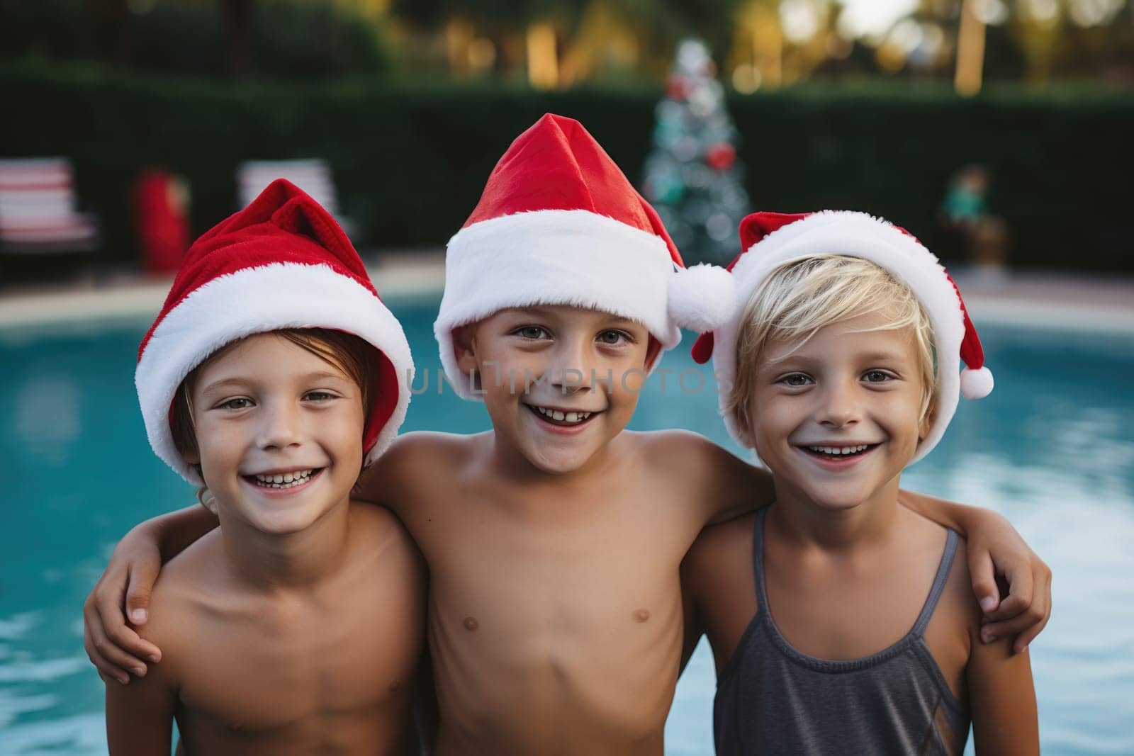 Celebrating christmas and new year in hot countries. happy group of kids in santa hat celebrating christmas in pool party. AI Generated