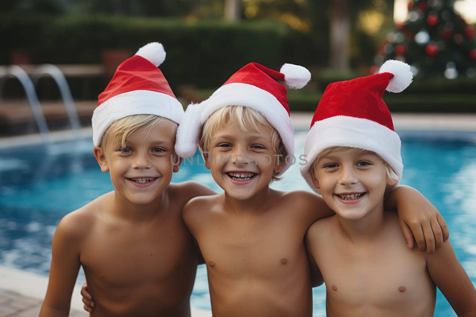 Celebrating christmas and new year in hot countries. happy group of kids in santa hat celebrating christmas in pool party. AI Generated