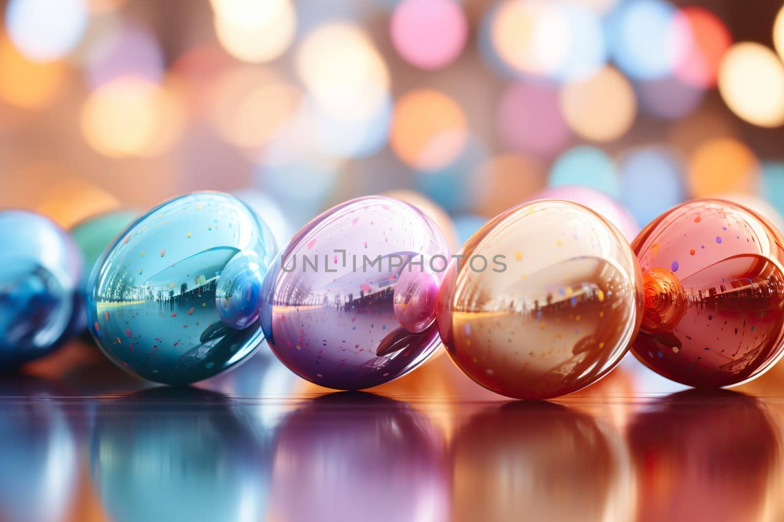 Colorful bright gradient mirror background with a shape in the form of a sphere, eggs close-up.