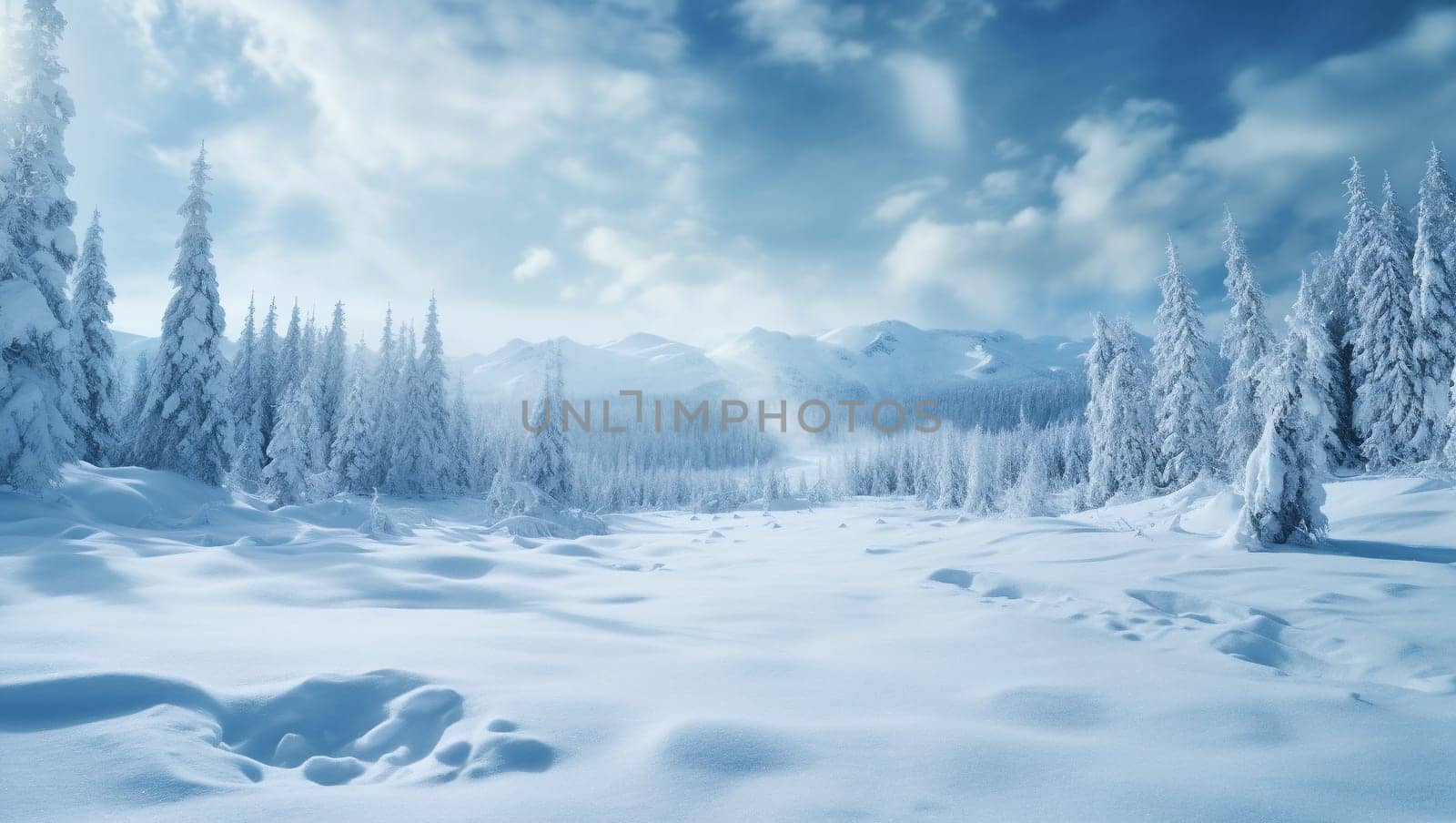 Snowy background. New Year's mood, christmas snowy background. Blue and white shimmer. Snowy hills and sky. High quality photo