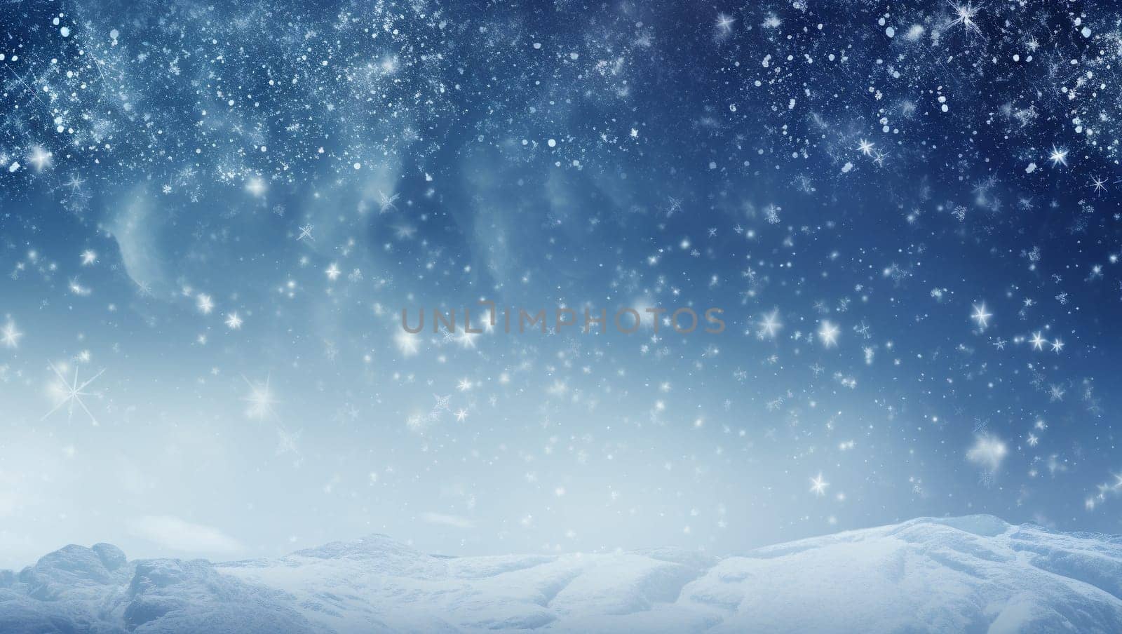 Snowy background. New Year's mood, christmas snowy background. Blue and white shimmer. Snowy hills and sky. High quality photo