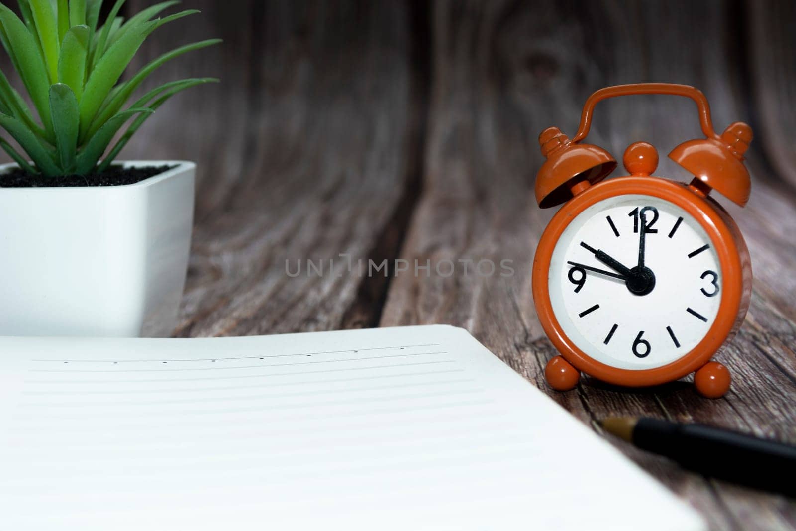 Notepad with potted plant and alarm clock set at 10 o'clock against wooden background. Business concept. Copy space.