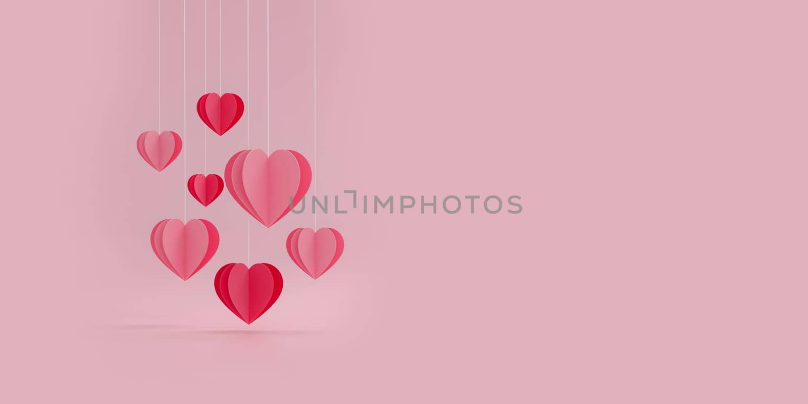 Panoramic of Paper cur Heart balloon floating on Pink background. Happy Valentine's Day. by ImagesRouges