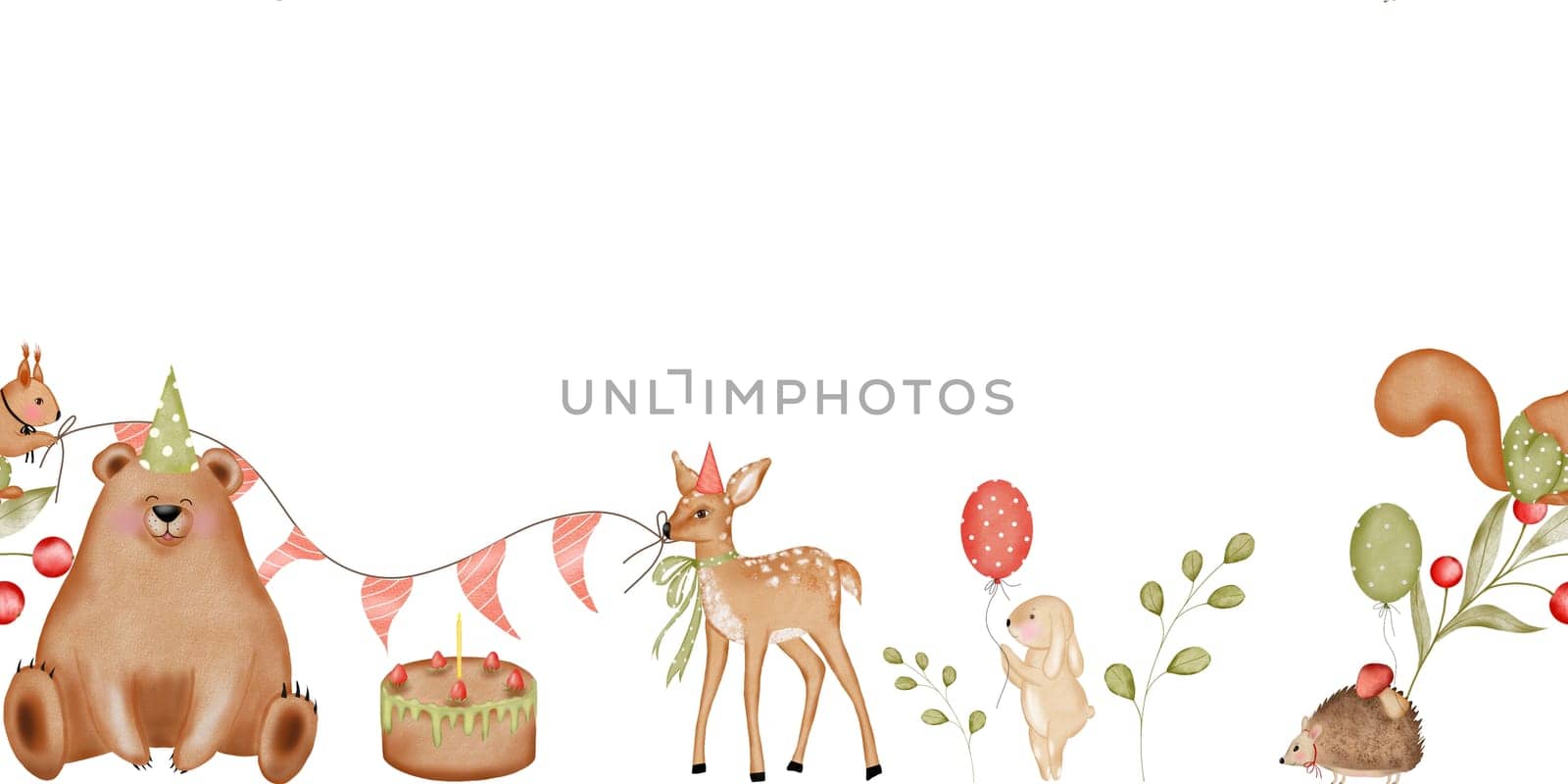 Watercolor illustration isolated seamless border with cute forest animals bear, fawn, squirrel, hare, hedgehog and birthday cake. Birthday theme pattern. Fabric edge. For the design of banners and cards