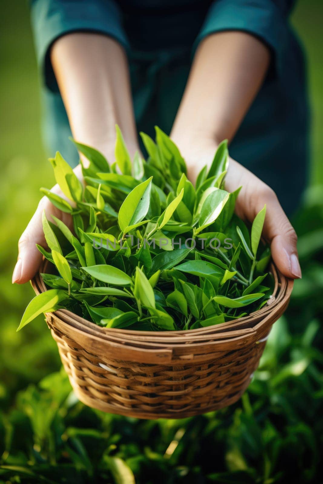 farmer shows fresh green tea leaves in her hand and tea plantation bokeh background. AI Generated