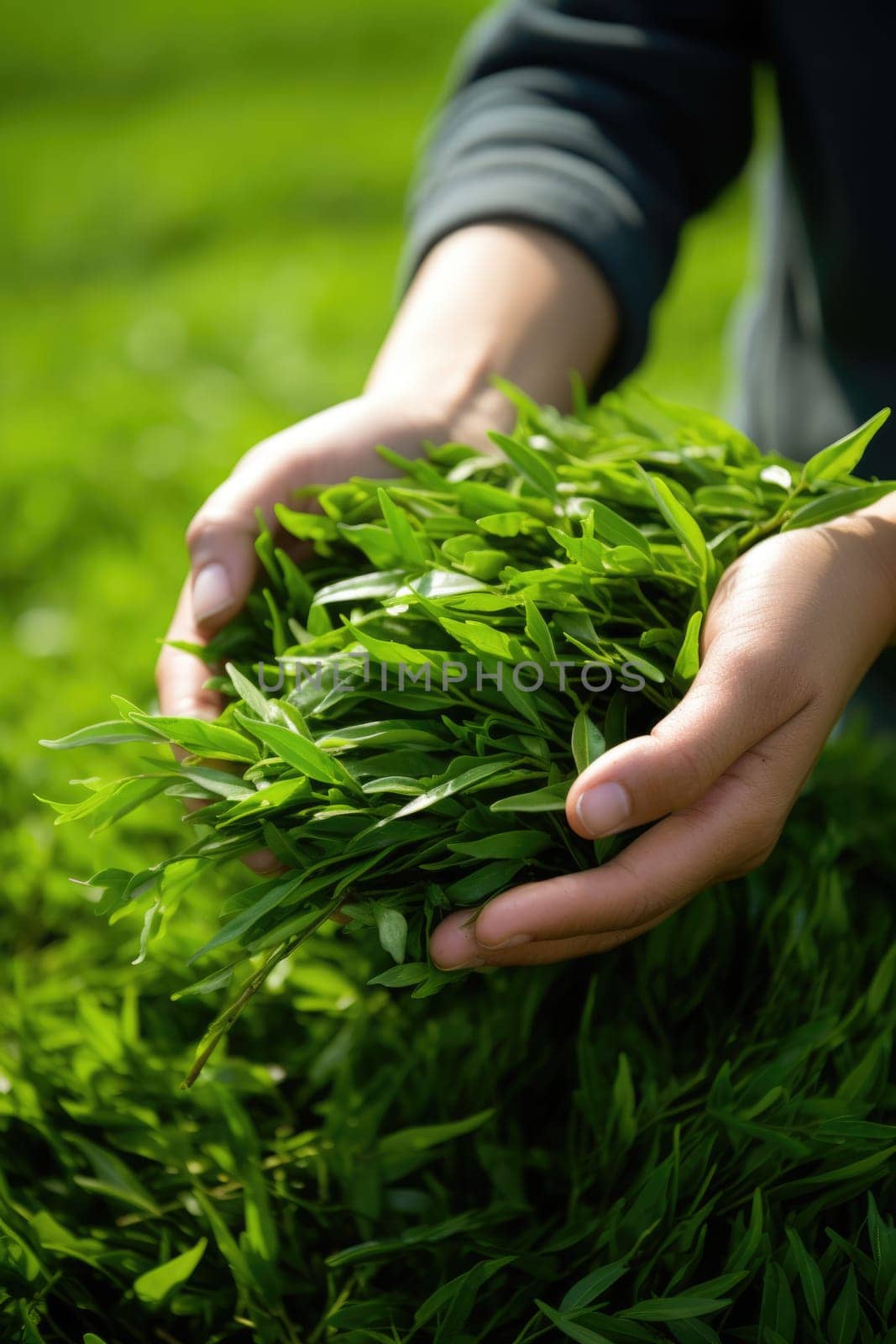 farmer shows fresh green tea leaves in her hand and tea plantation bokeh background. AI Generated