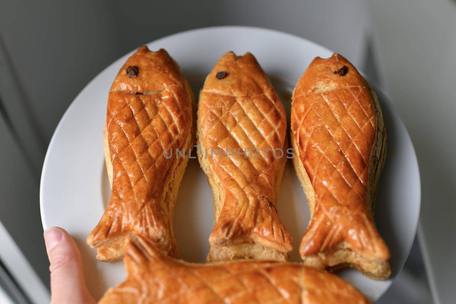Fish from puff pastry in the store on April Fool's Day
