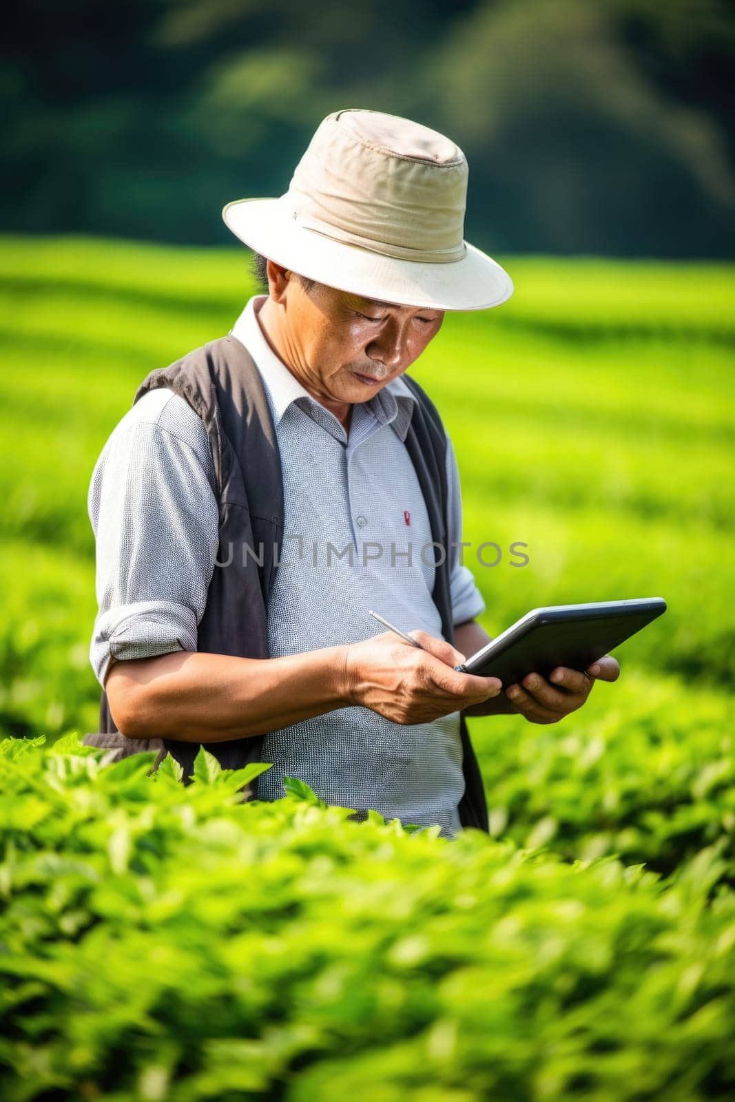 High land farmer using clipboard to record the data in organic tea plantation. AI Generated