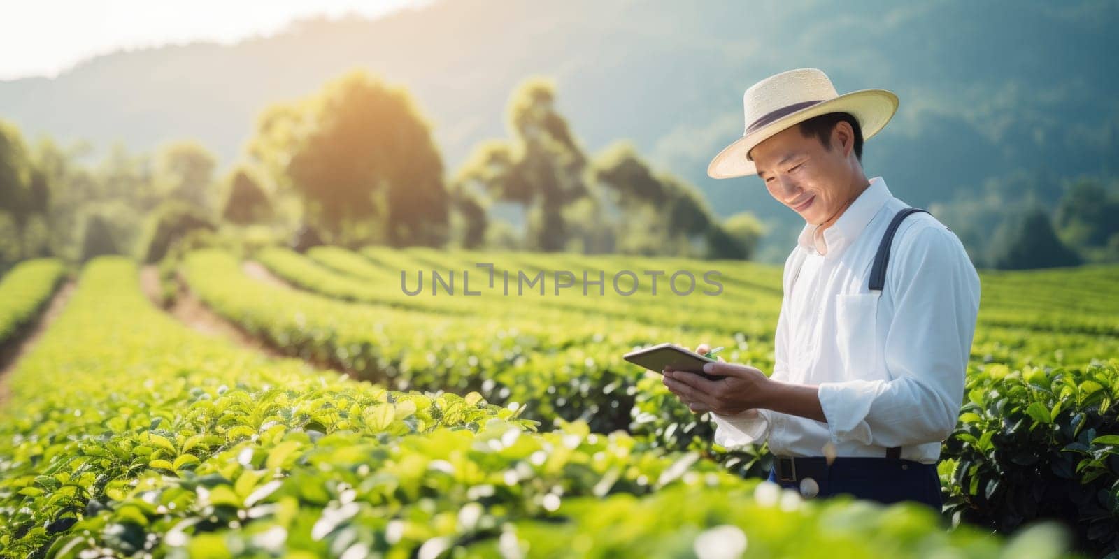 farmer using clipboard to record the data in organic tea plantation. AI Generated by Desperada