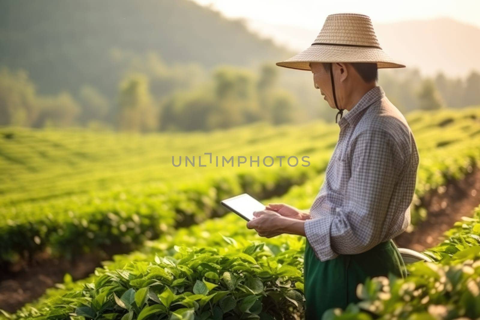 farmer using clipboard to record the data in organic tea plantation. AI Generated by Desperada